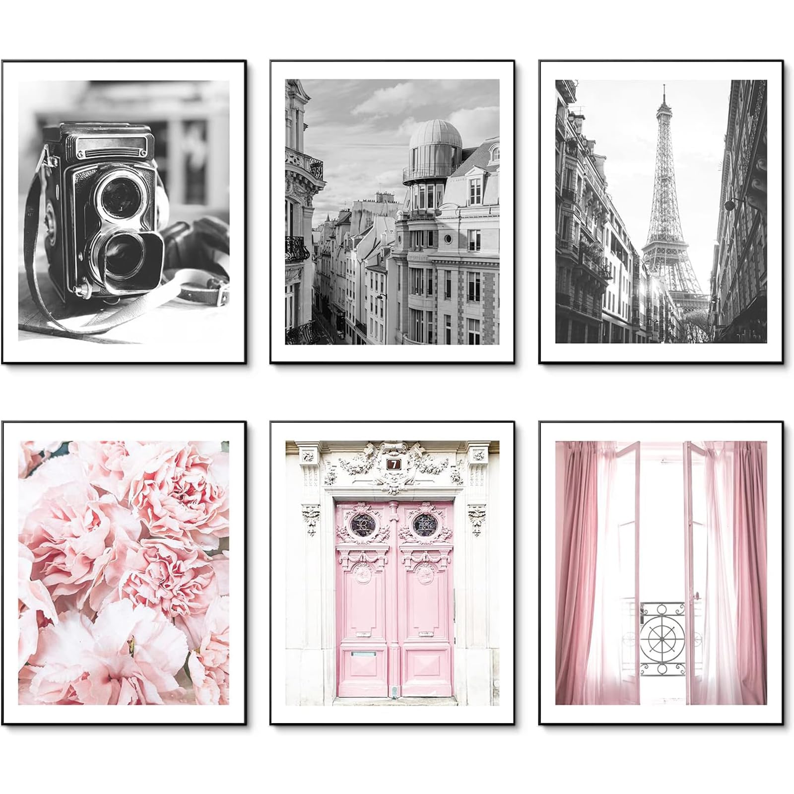 Hoozgee Vintage Fashion Paris Wall Art Prints Black And White Canvas Poster Eiffel Tower Pink Flower Doors Windows Pictures Phot