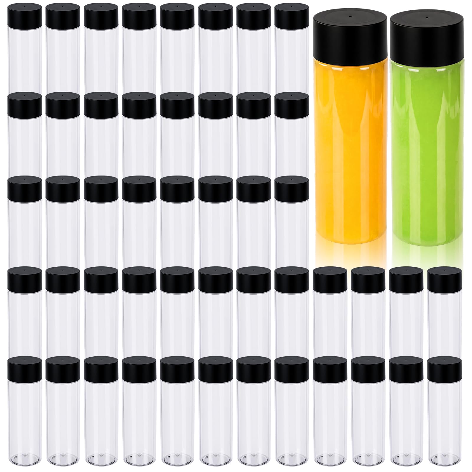 Yinder 50 Pcs Plastic Juice Bottles with Black Lids Sensory Bottles Round Clear Drink Containers Plastic Smoothie Tumble Empty W