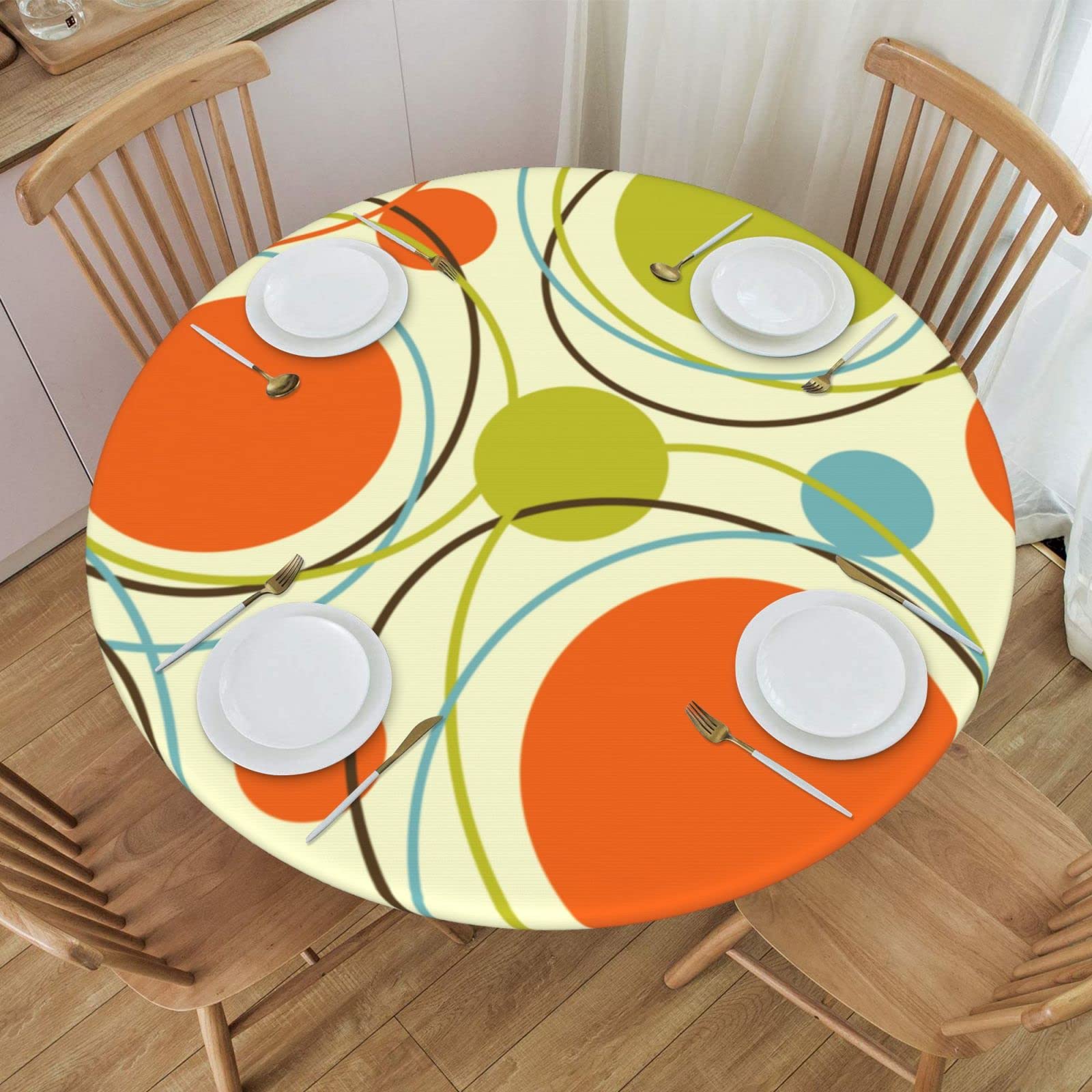 Kuoaicy Retro Abstract Mid Century Round Tablecloth Elastic Fitted Table Cover Washable Elastic Edge Tablecloths For Kitchen Din
