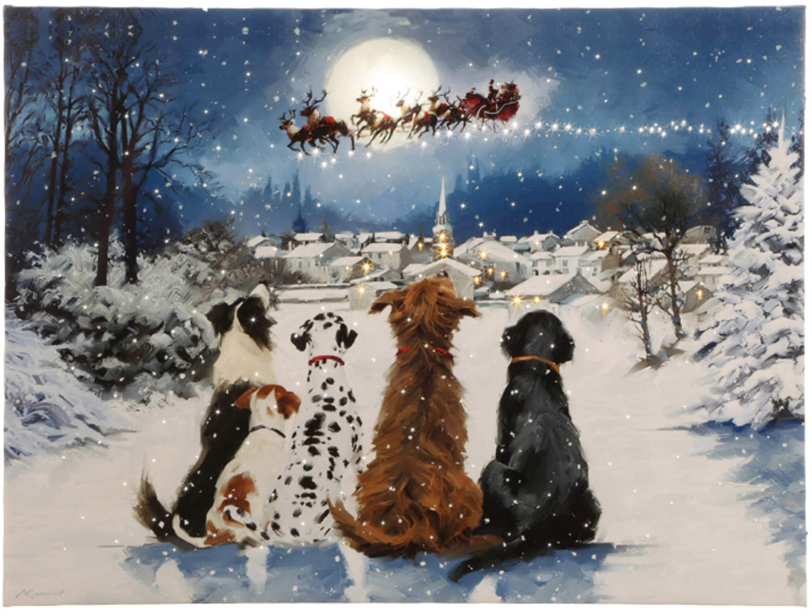 RAZ Imports 24 x 18 Dogs Watching Santa Lighted Canvas Painting Picture Wall Art 