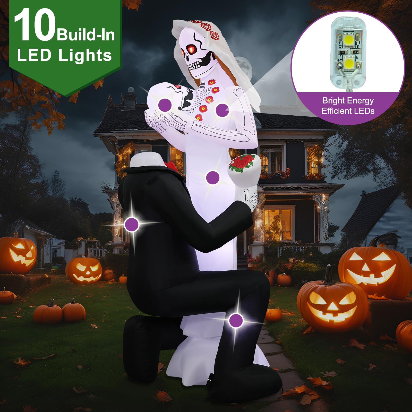 PopInflate Halloween Inflatables Giant 8Ft Tall Skeleton Couple Day of The Dead Outdoor Decorations, Spooky Blow Up Skull Lovers