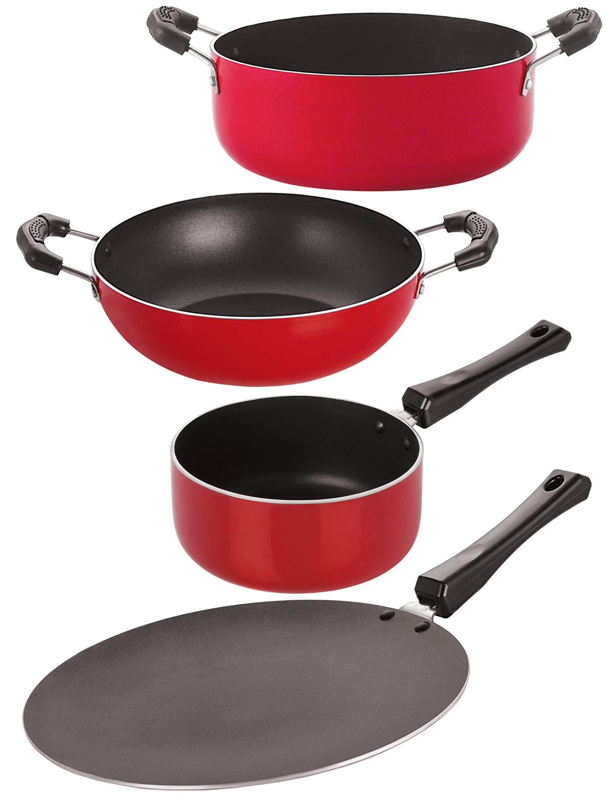 Nirlon Kitchen Non Stick Aluminium Cookware Gift 4 Pieces Sets (1 Concave Tawa 27.5Cm /1 Kadhai 2.5 Ltr/1 Sauce Pan (B)1.8 Ltr/1
