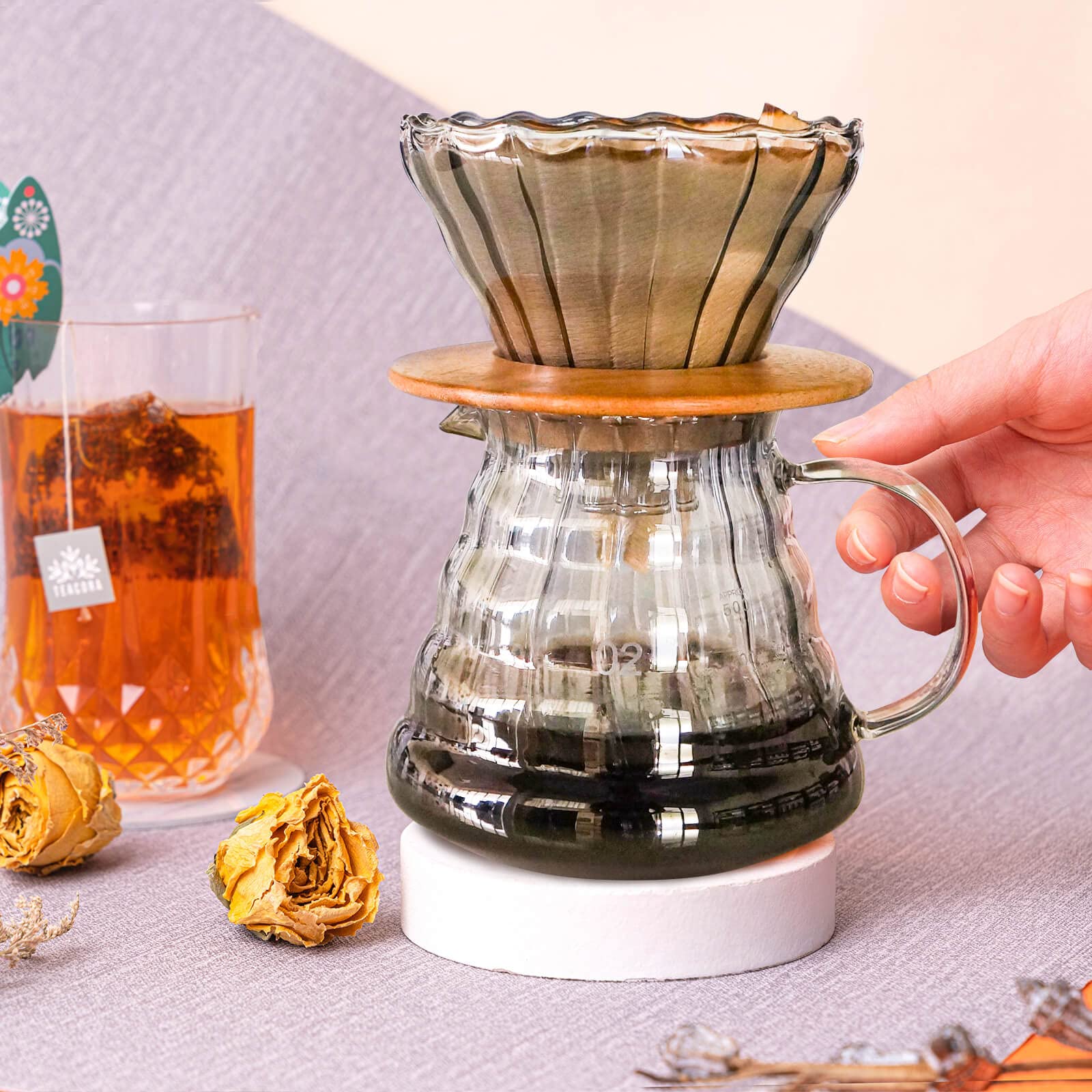 Sotech Pour Over Coffee Maker Set With Black Gooseneck Kettle, Wooden Pad Holder, Coffee Dripper Server, Diy Manual Portable Cof