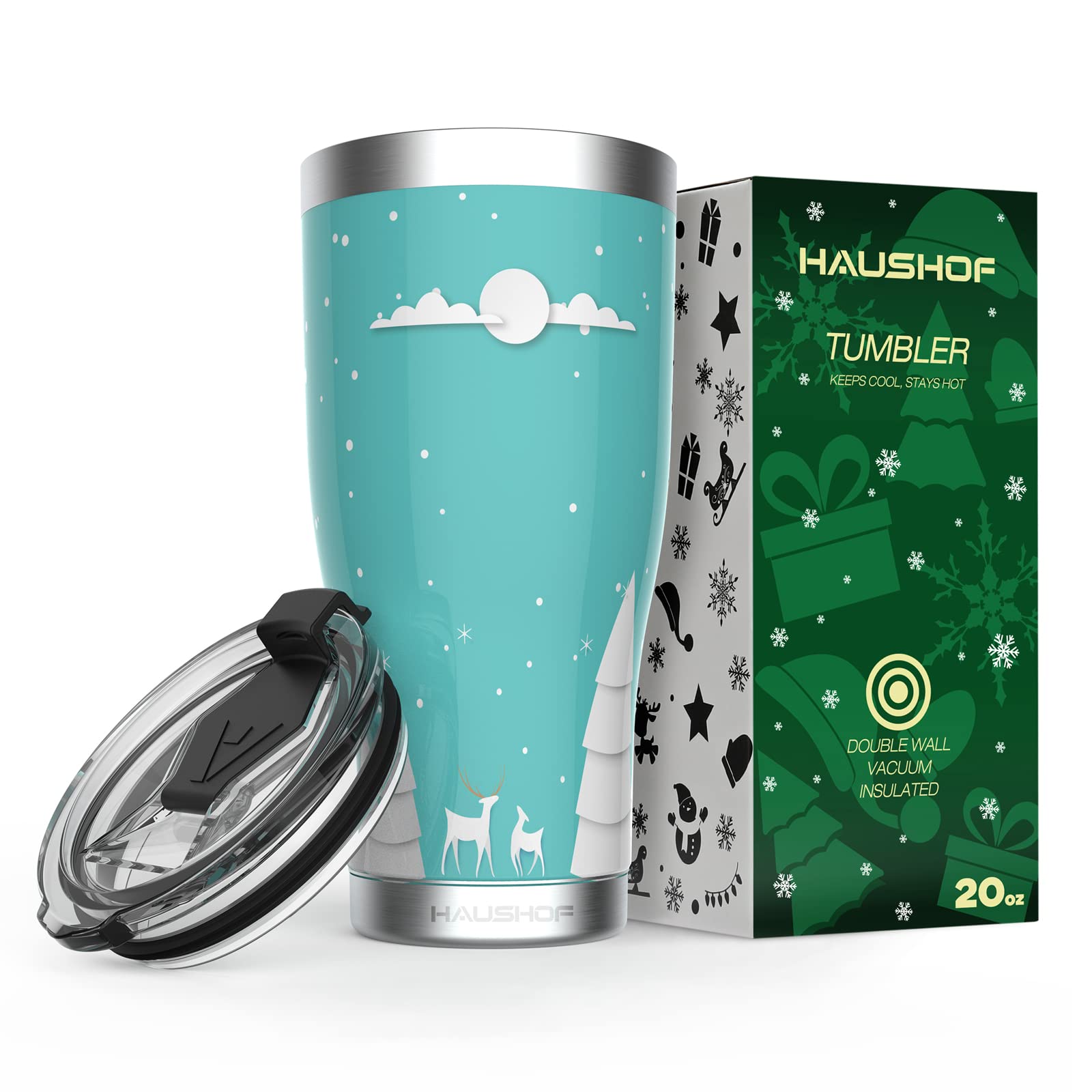 HAUSHOF 20oz Christmas Tumbler, Stainless Steel and Double Wall Insulated Travel Coffee Mug with Lid, Good Choice for Christsmas