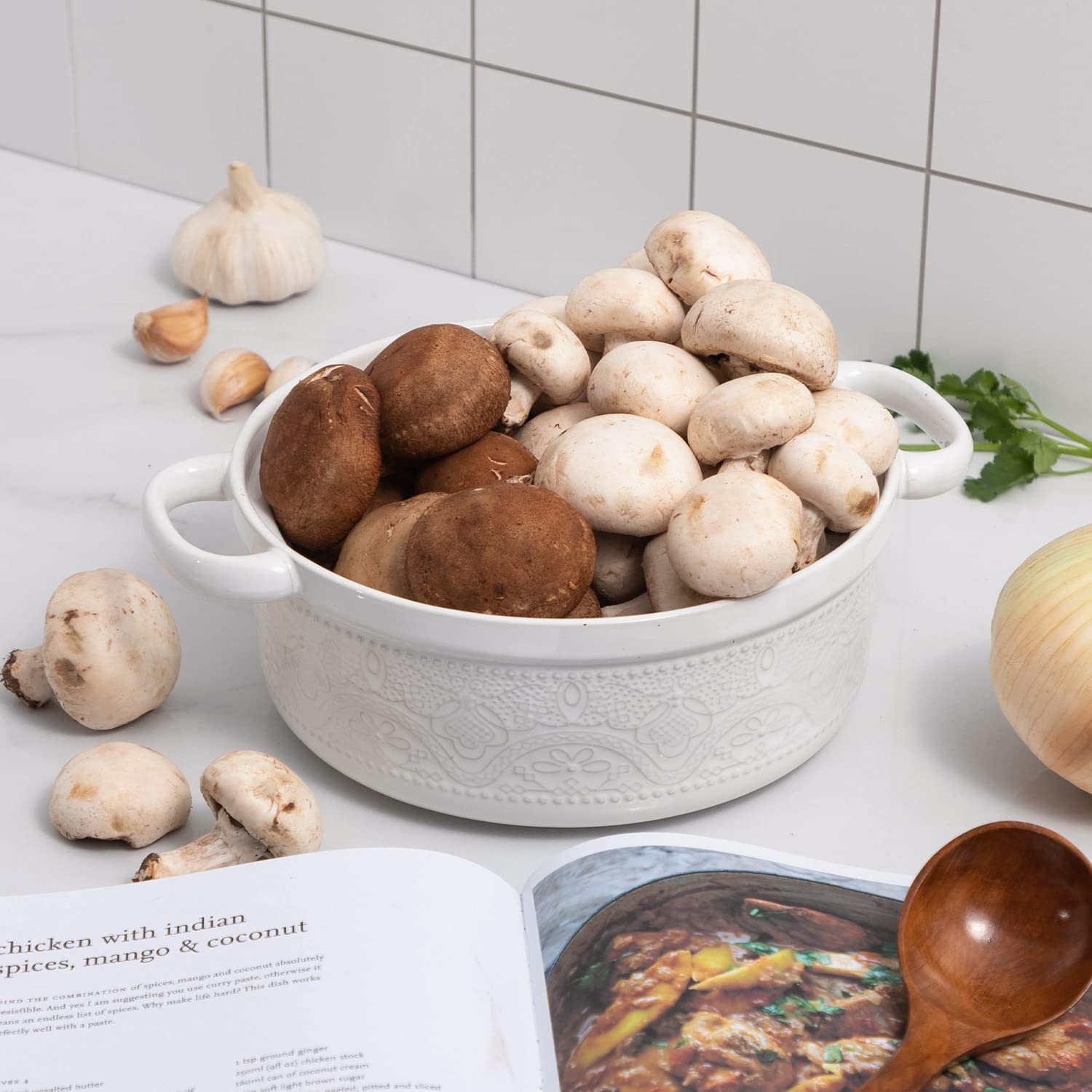 Fun Elements Casserole Dish, 2 Quart Lace Emboss Dish With Lid, Oven To Table Ceramic Round Serving Handles For Dinner And Party