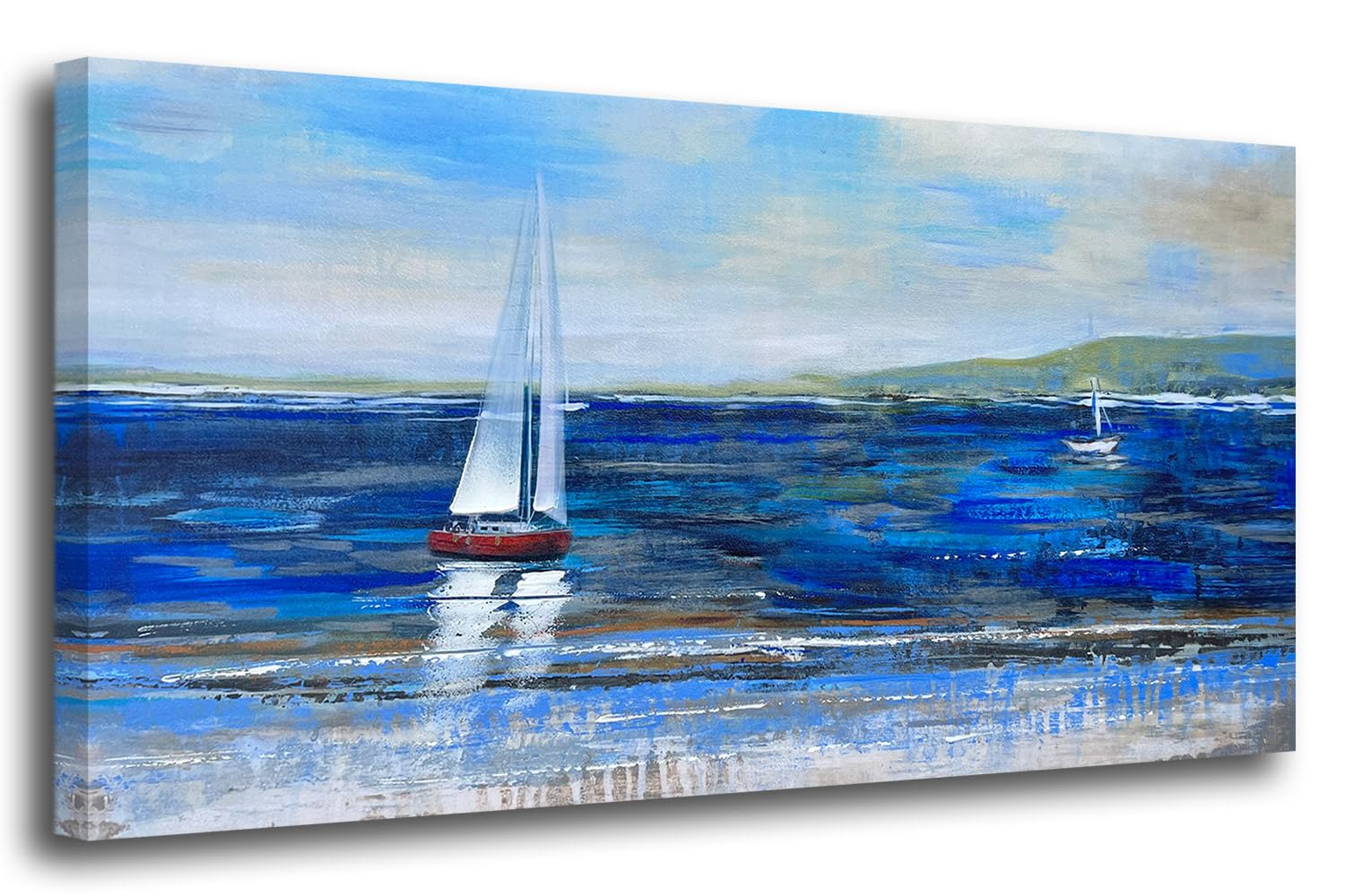 Ardemy Blue Abstract Canvas Wall Art Seascape Painting Landscape Picture Textured Navy Blue Modern Sailboat Ocean Artwork Framed