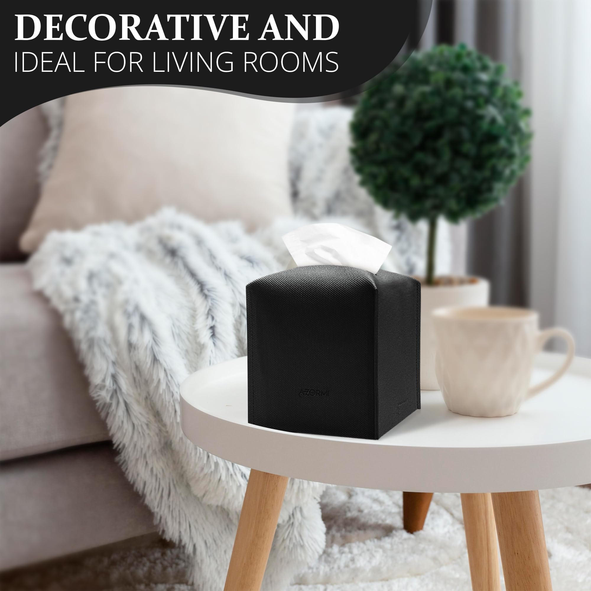 Tissue Box Cover, Pu Leather Tissue Box Holder With Bottom Belt, Modern Square Tissue Box Covers With Wide Opening (Black, Woven