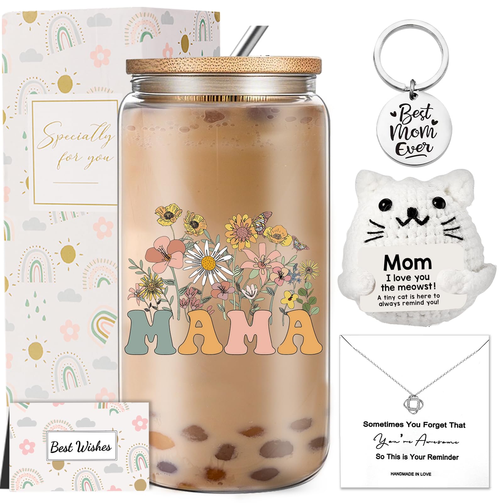 fcaylo Best Mom Ever Gifts for Women, Mama Birthday Gifts from Daughters Sons, New Mom Gift with Necklace Ice Glass Cup Doll for