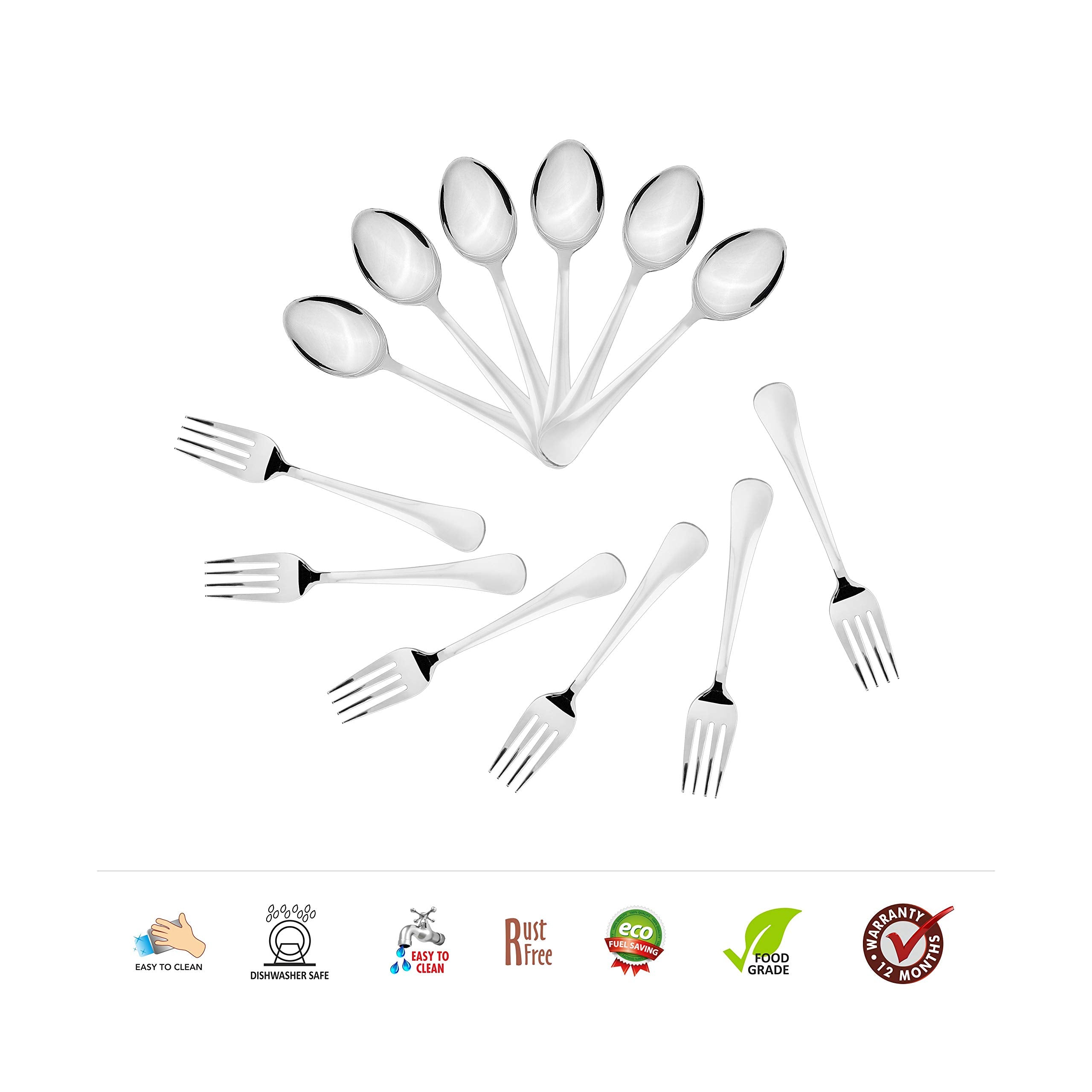 Sumeet Stainless Steel Premium Quality Spoon and Fork set of 12 Pc (Baby/Medium Spoon 6 Pc (16cm L), Baby/Medium Fork 6 Pc (15.5