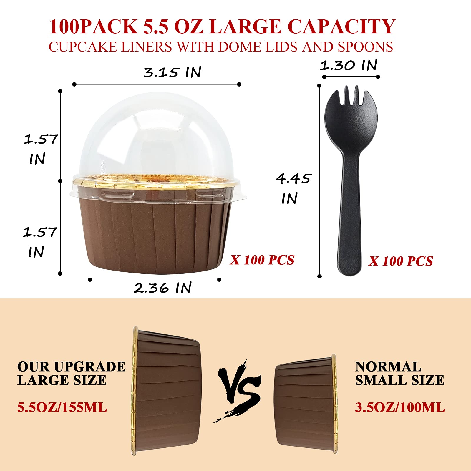 Foil Cupcake Liners With Dome Lids 100 Pack,Lnyzqus 5.5 Oz Muffin Cups Muffin Tins,Disposable Ramekins Cupcake Cups Wrappers Hol