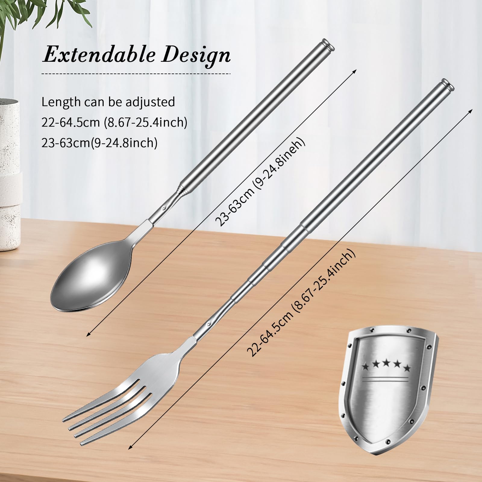 Geetery 2 Pcs Extendable Fork Spoon Set Retractable Extend to 25 Inch Telescopic Spoon Long Telescoping Fork Stainless Steel Din