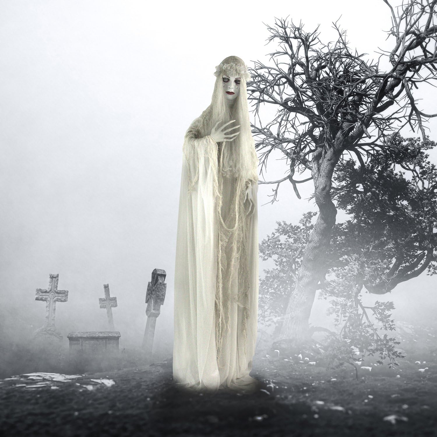 Haunted Hill Farm Life-Size 5.7-Ft Scary Ghost Bride, Halloween Animatronic with Touch Activated Lights and Sound, Battery Opera