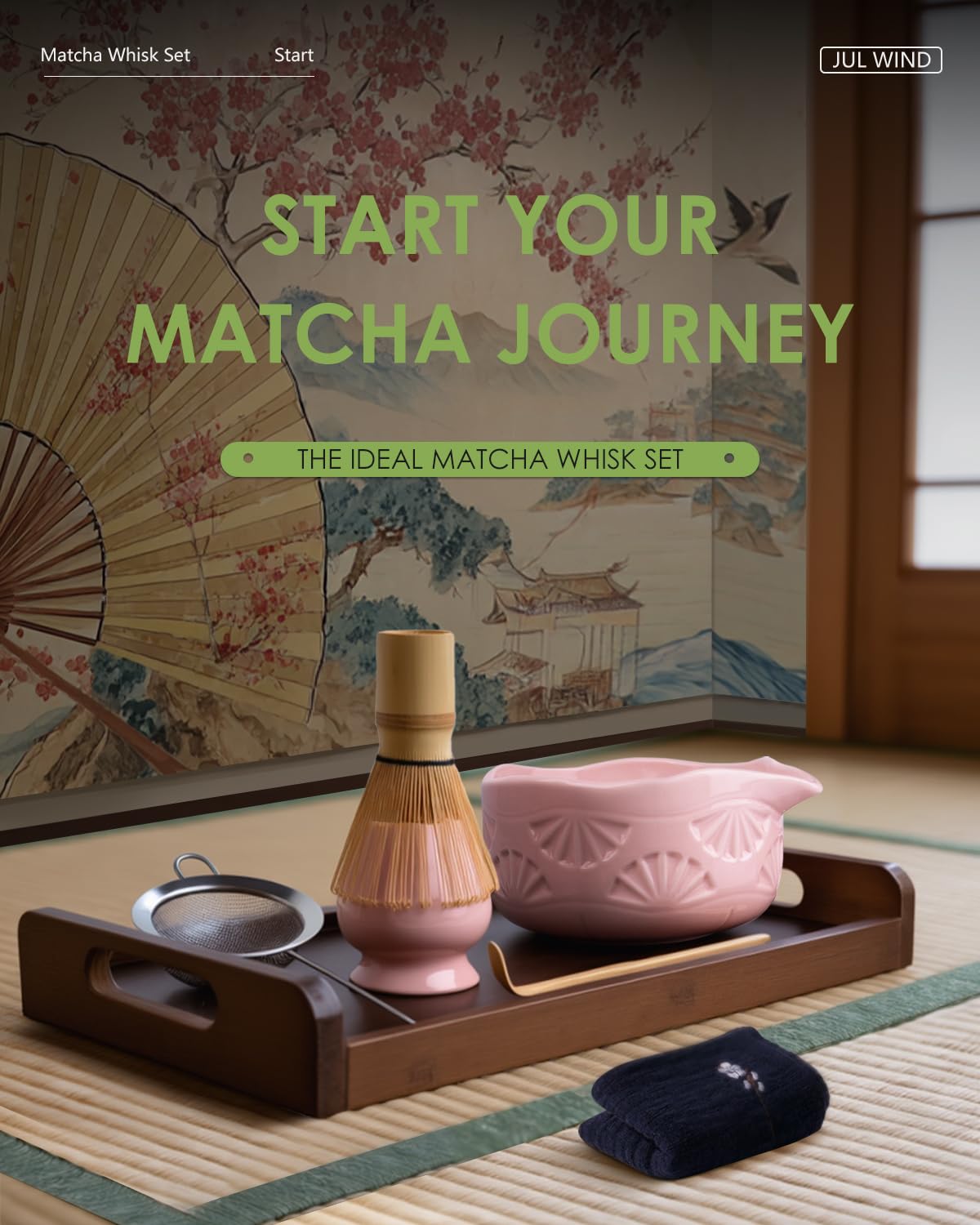 JUL WIND Matcha Whisk Set,Matcha Set,3 Pcs Matcha Kit Includes Whisk Holder,Matcha Bowl(chawan) with Spout,Bamboo Scoop,Gift pin