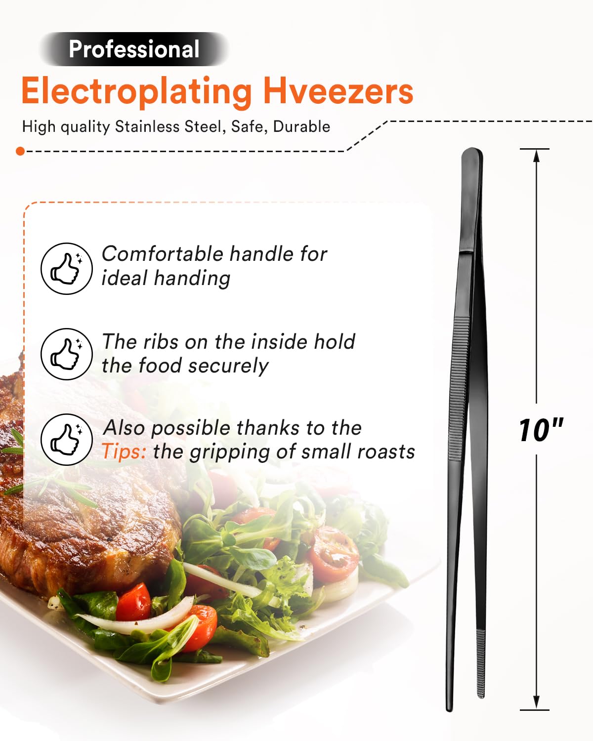 Kitchen Tweezers Fine Tweezer Tongs For Cooking, Black Stainless Steel Food Tweezers, Multi-Function Precision Serrated Tips Coo