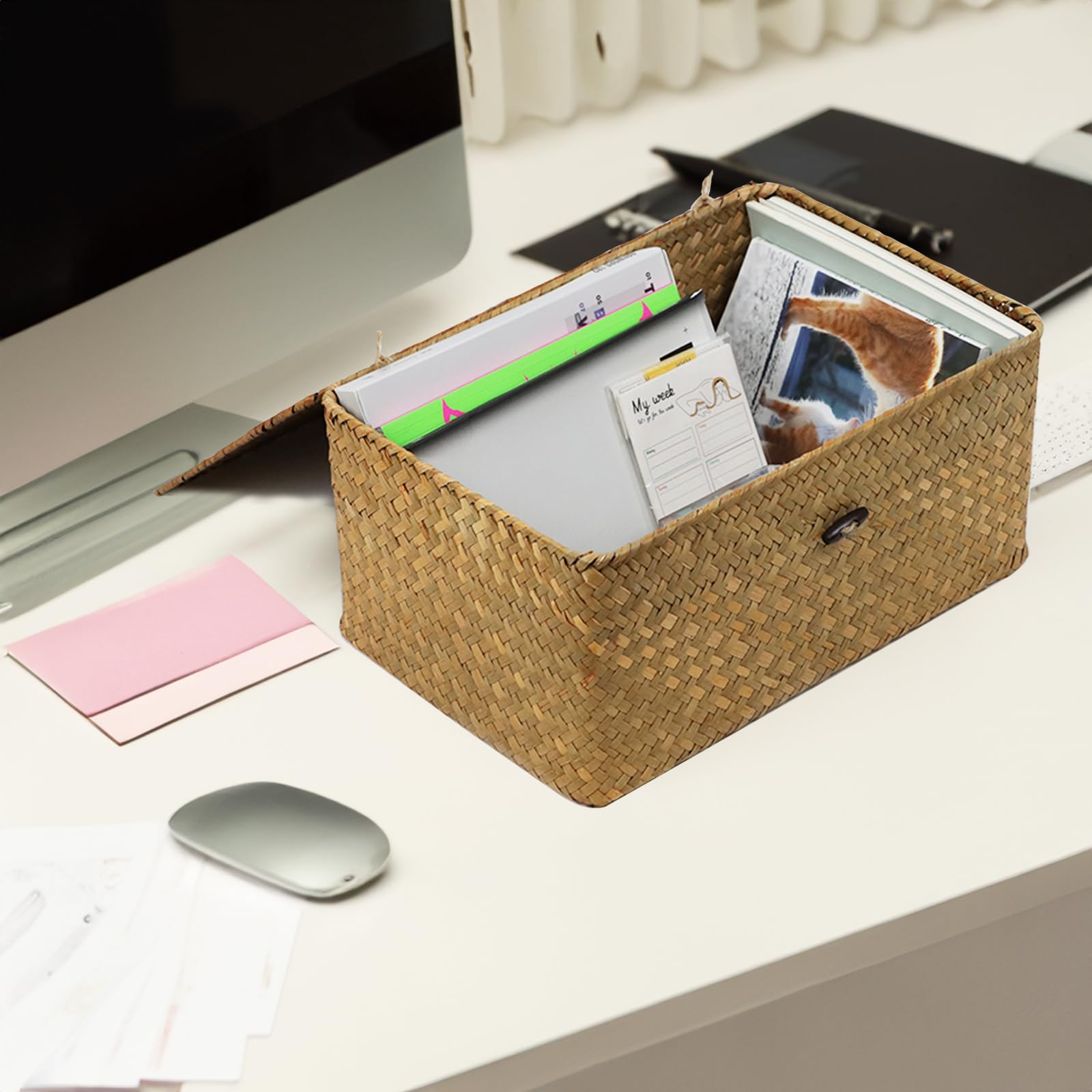 Wicker Storage Basket With Lid, Natural Seagrass Woven Shelf Basket For Storage, Rectangular Decorative Storage Bins Boxes Home