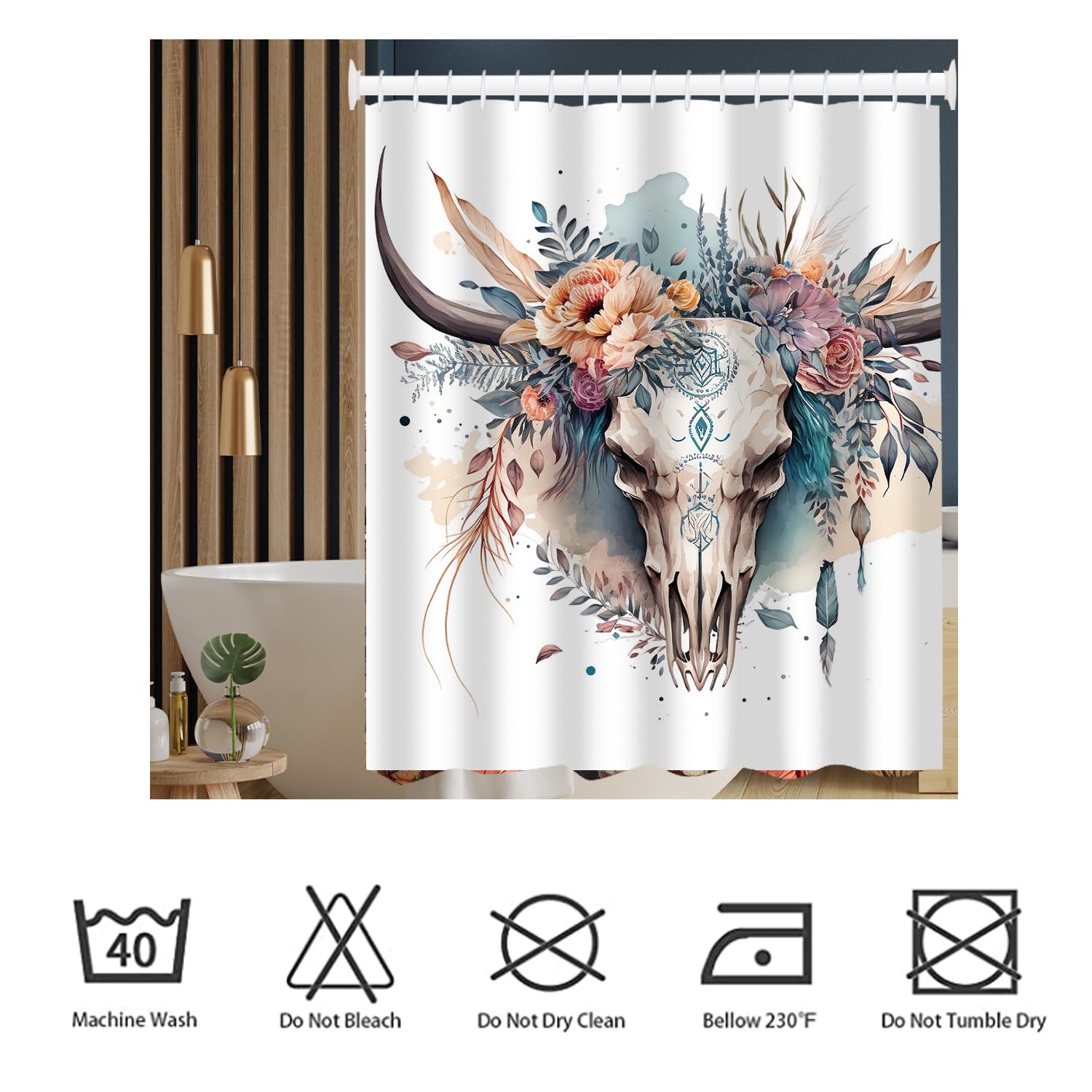 She Love Western Bull Skull Shower Curtain Retro Boho Cow Longhorn Skull Flower Head Shower Curtain With Hooks 72X72 Inch Waterp