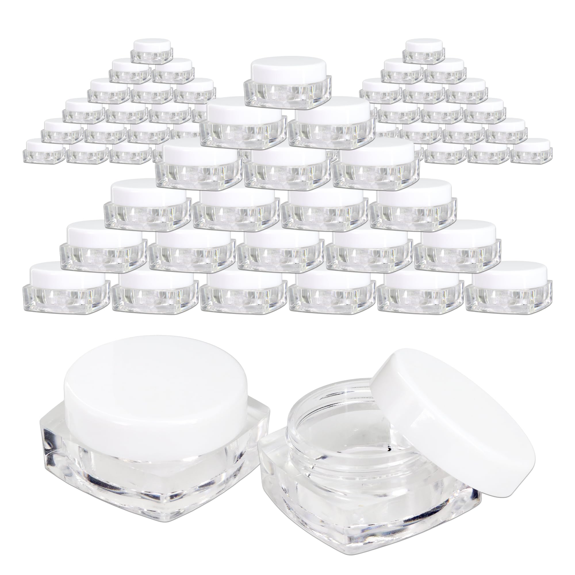 (144 Pieces) Beauticom 5G/5ML Clear Square Jars with White Lids for Beads, Gems, Glitter, Charms, Small Arts and Crafts Items  