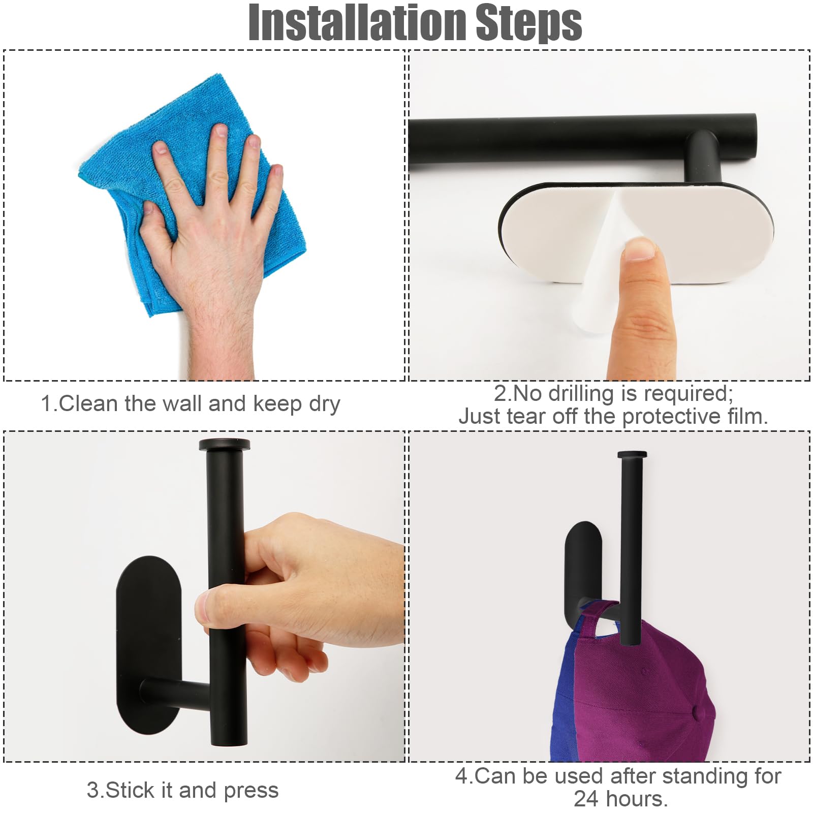 Peutier 2Pcs Hat Racks For Baseball Caps, No Drill Hat Hooks For Wall Stainless Steel Hat Storage Organizer Self-Adhesive Hat Ha