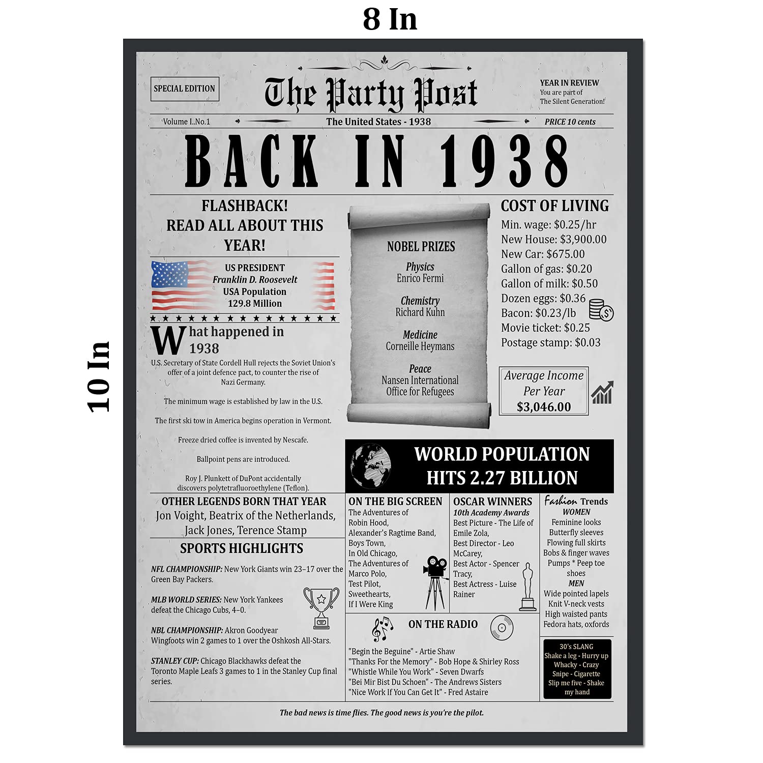 87Th Birthday Poster 8 X 10 Party Sign - Born 87 Years Ago Table Party Supplies. Back In 1938 Home Decor Bday Card. Wedding Anni