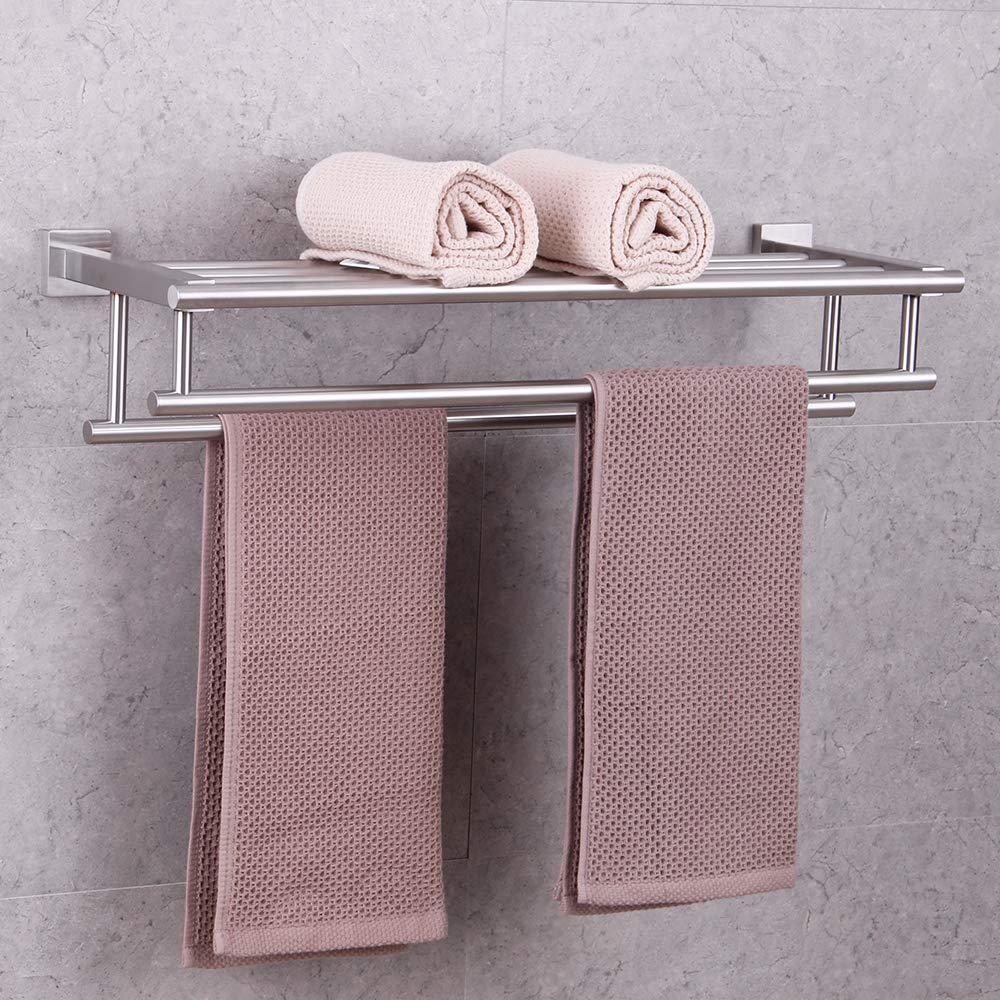 Gerzwy Bathroom Lavatory Towel Rack Towel Shelf With Double Towel Bars Wall Mount Holder, 24-Inch Sus 304 Stainless Steel Brushe
