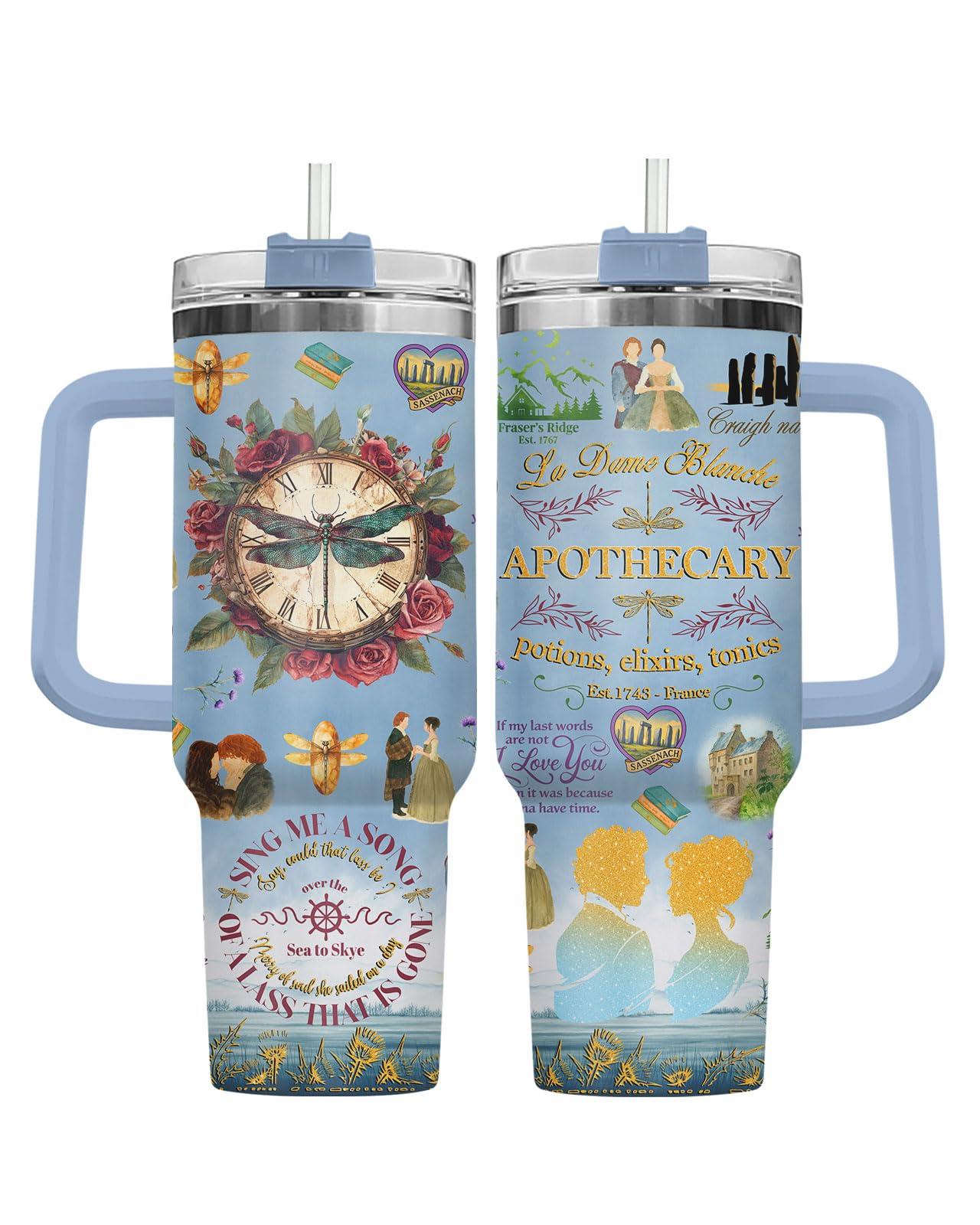 34HD Highland Time Tumbler 40oz Stainless Steel Insulated Travel Mug with Handle and Straw Book Birthday Gift Vintage Romance Dr