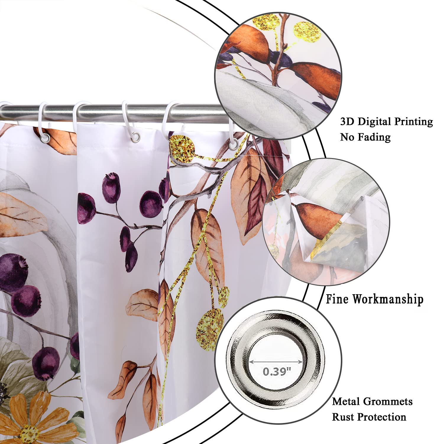 Gcirec Autumn Pumpkin Shower Curtain, Fall Thanksgiving Harvest Watercolor Floral Pumpkin Boho Bathroom Curtain Home Bathtub Dec