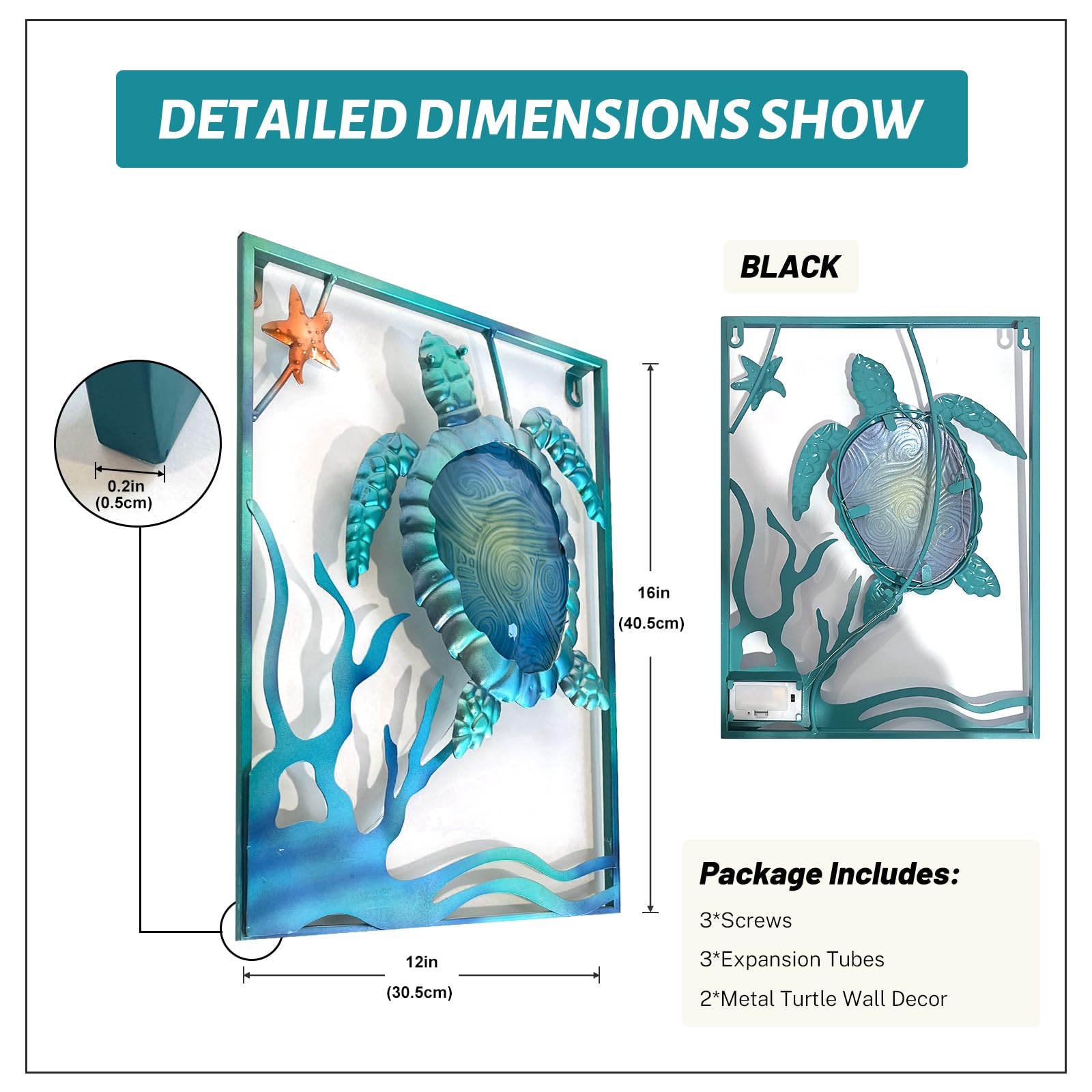 LIFFY Metal Sea Turtle Beach Themed Bathroom Wall Art Decor with Frame-Outdoor Wall Art with LED Fairy Lights, Fish Glass Art Wa