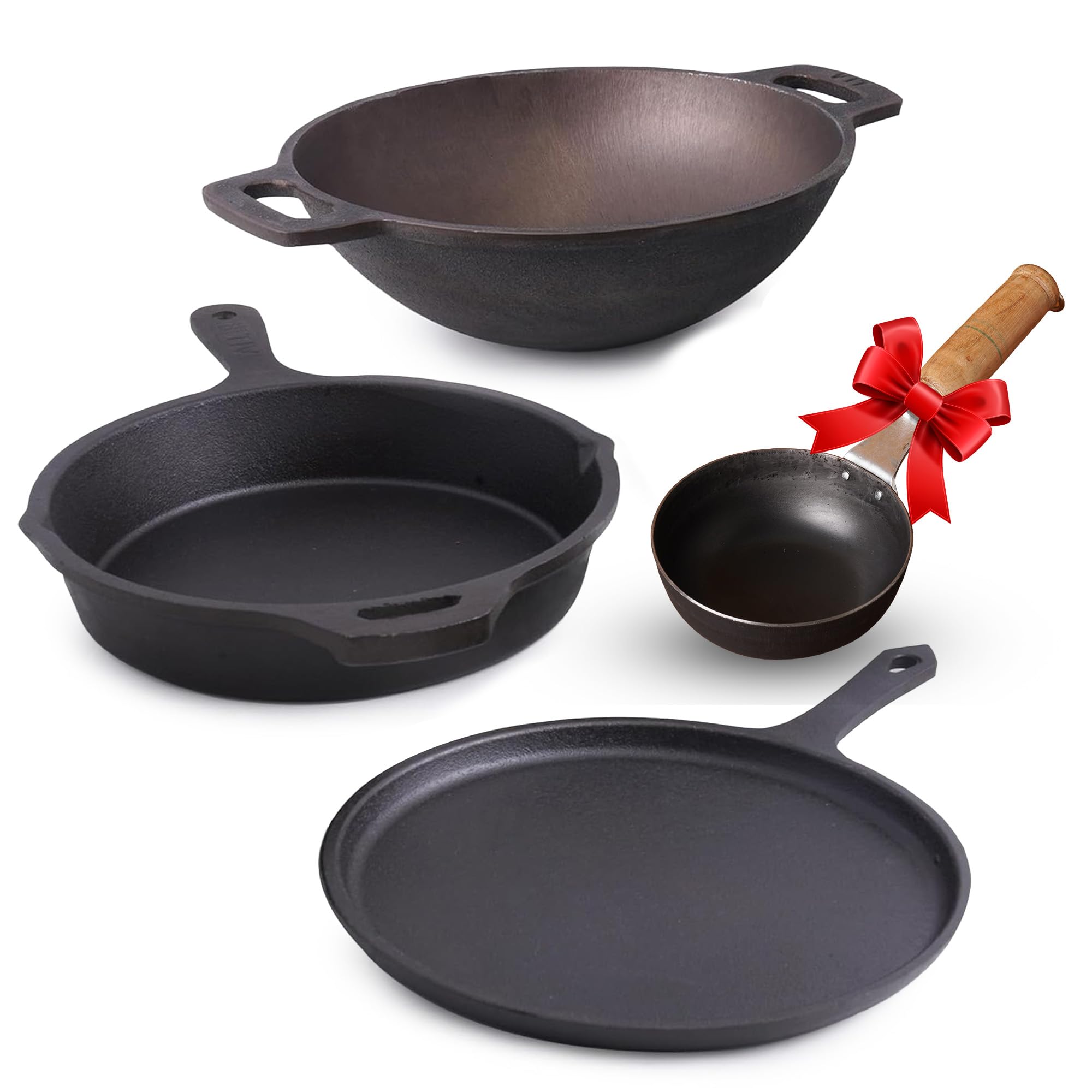 The Indus Valley Pre-Seasoned Cast Iron Cookware Set | Tawa(25.2Cm), Fry Pan (25Cm), Wok Model Kadai (26Cm) & Tadka Pan (16.4Cm)