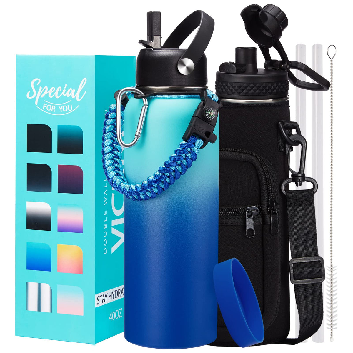 Metal Water Bottle 40Oz - Stainless Steel Water Bottles With Straw Spout Lid, Sleeve Carry Strap, Vacuum Insulated, Leak Proof,