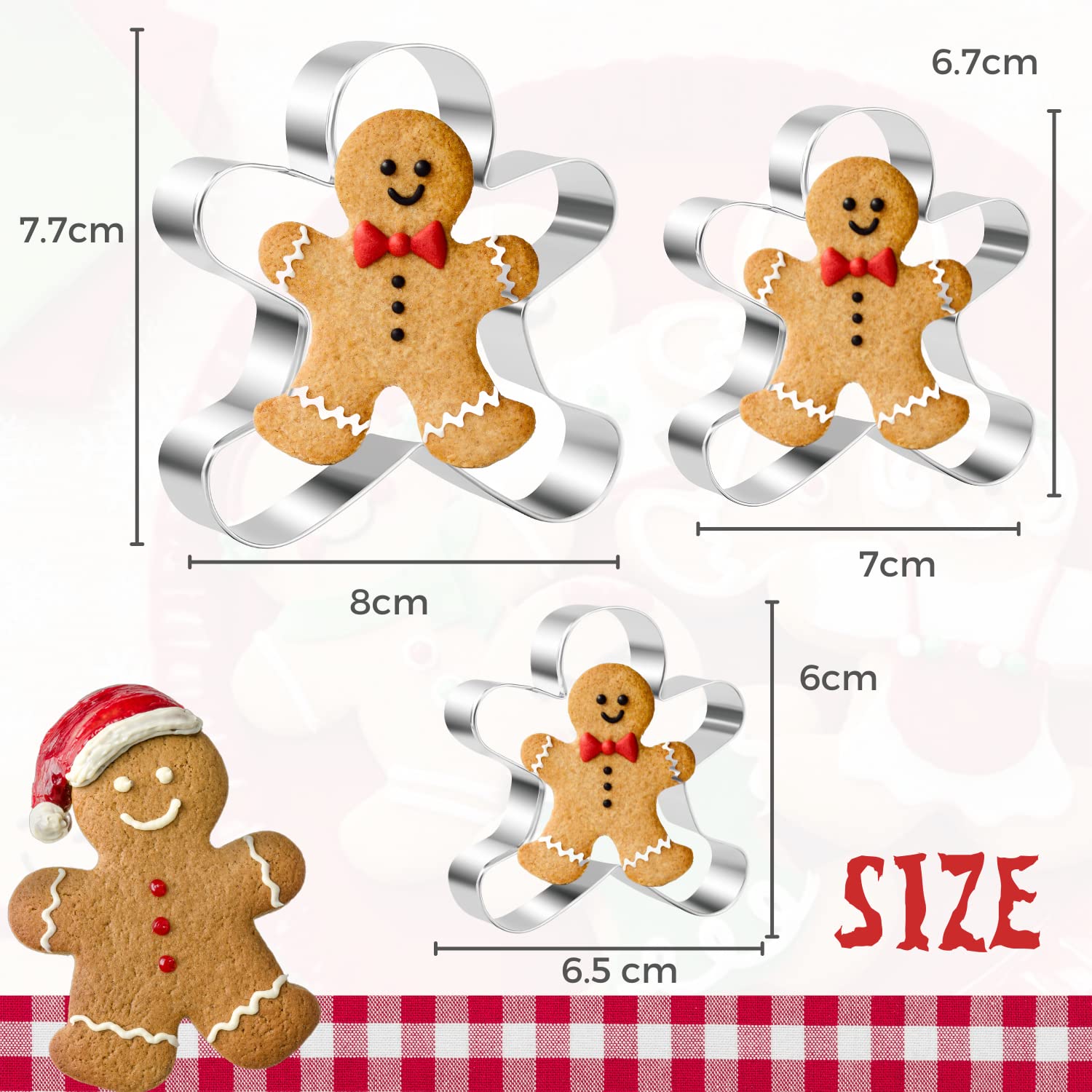 Kaishane Gingerbread Man Cookie Cutter Set,3Pcs Stainless Steel Biscuit Cutter For Christmas Day