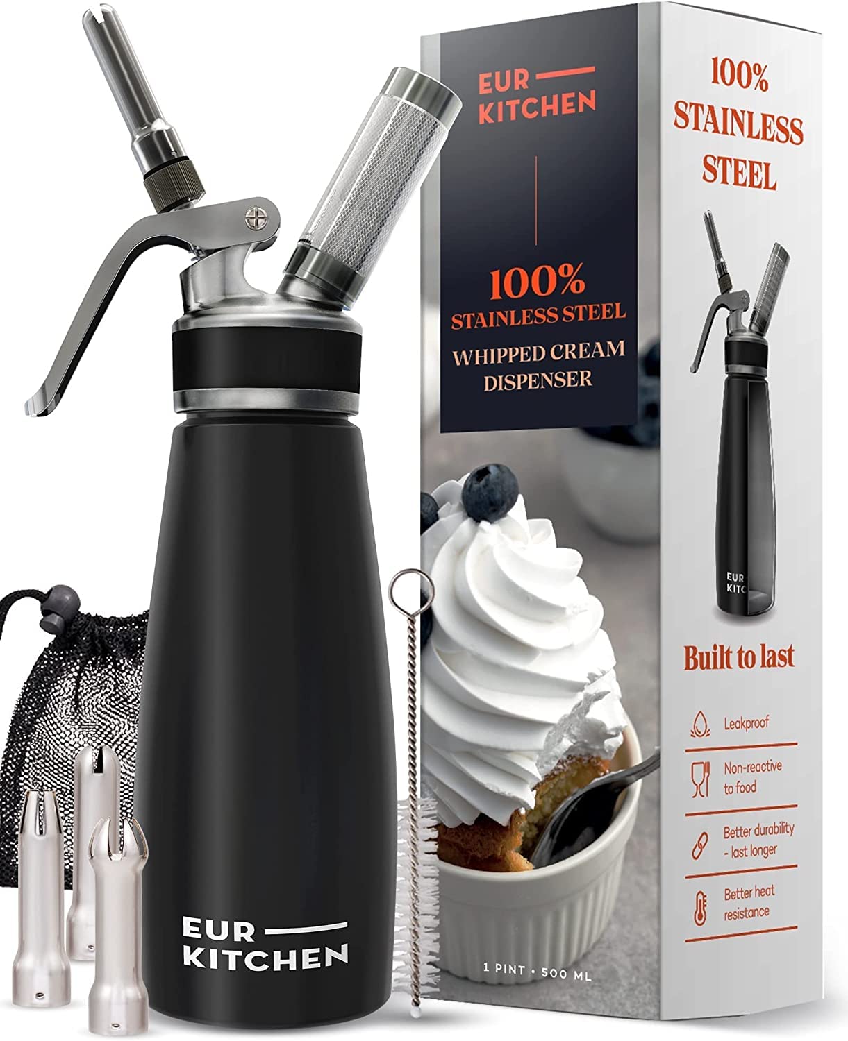 Eurkitchen Stainless Steel Professional Whipped Cream Dispenser - Leak-Free Whip Cream Maker Canister - 3 Decorating Nozzles & C