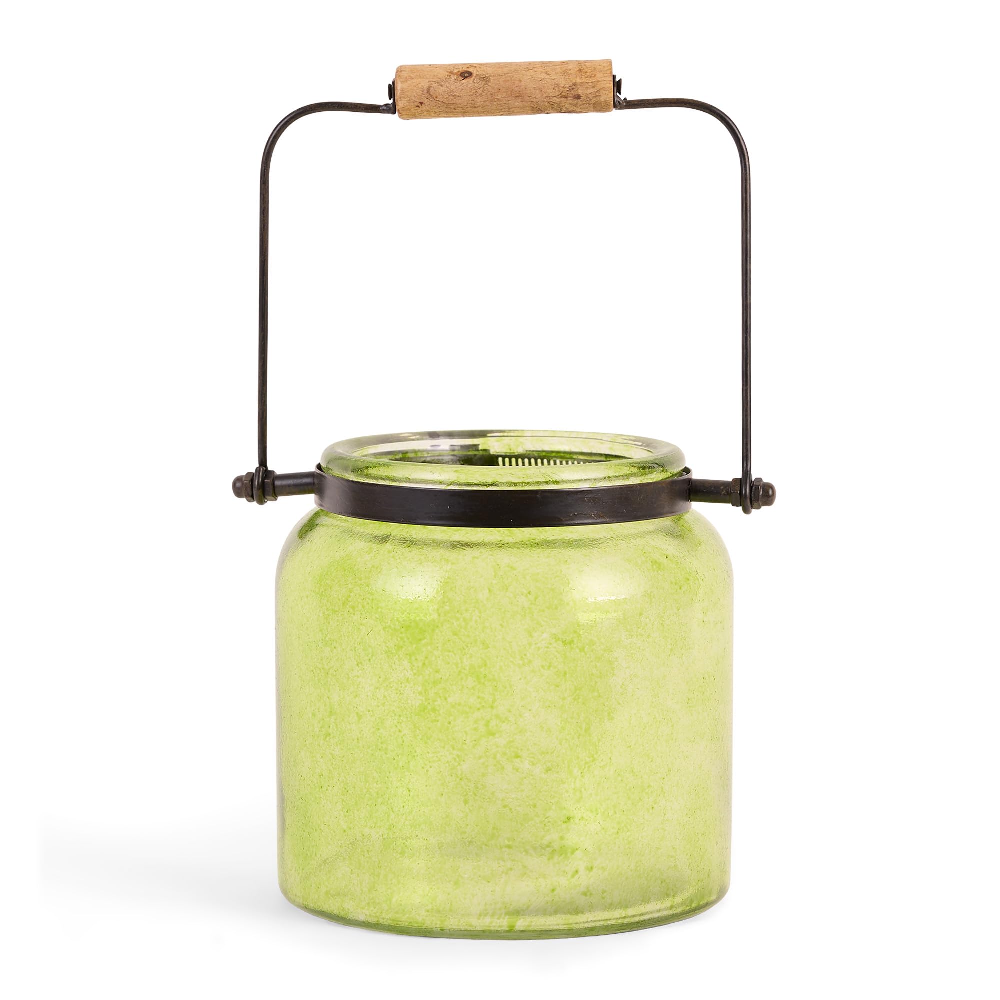 Zings & Thingz Open Top Glass Candle Lantern with Handle, Decorative Iron Light Home Decor, 6.5 Tall, Green