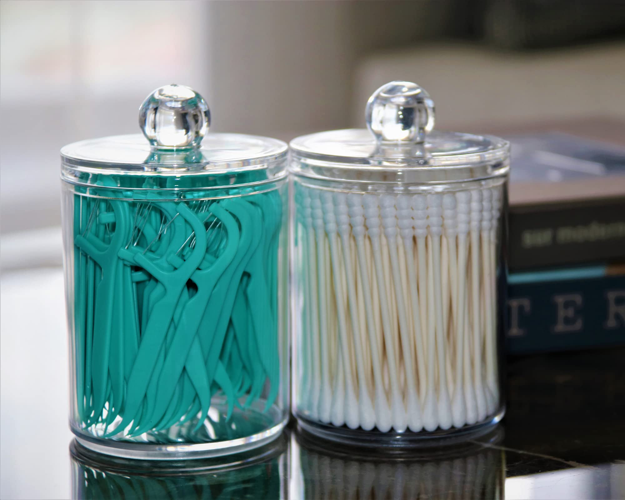 DAPOWER 4 Pack Qtip Holder Storage Canister for Cotton Ball  Cotton Swab  Pads  Floss; 10-Ounce Clear Plastic Apothecary Jar with Lid  Bathroom Makeup Organizer (4)