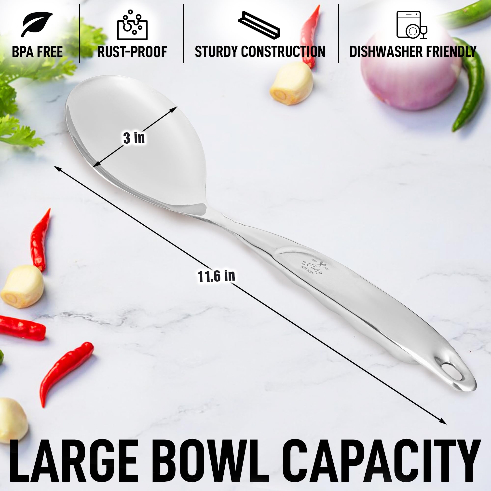 Zulay Kitchen Stainless Steel Serving Spoon - Large Cooking Spoon - Durable Premium Stainless Steel With Comfortable, Ergonomic