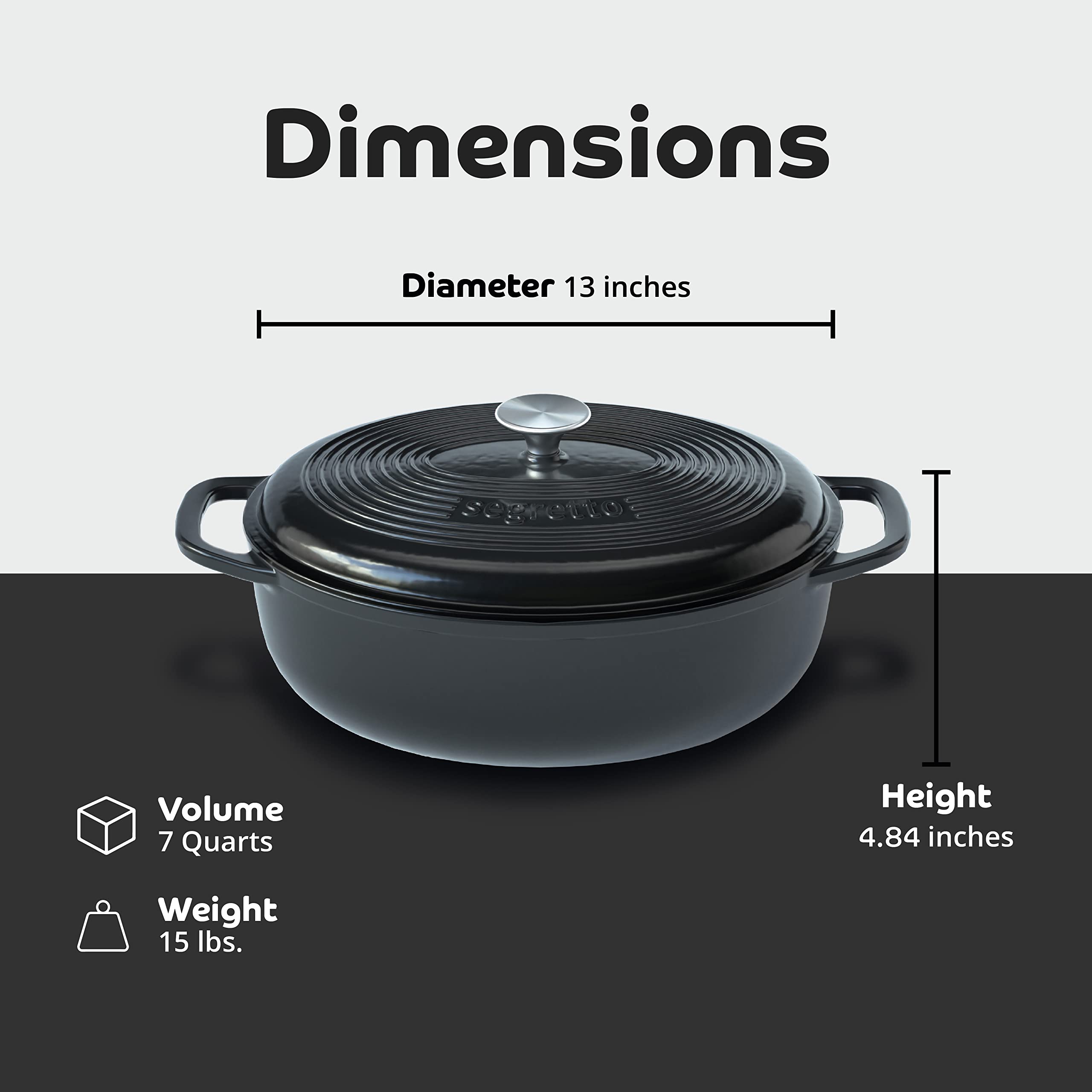 Segretto Cookware Enameled Oval Cast Iron Dutch Oven With Handle, 7 Quarts, Nero (Black), 7Qt Dutch Oven Cast Iron Pot With Lid