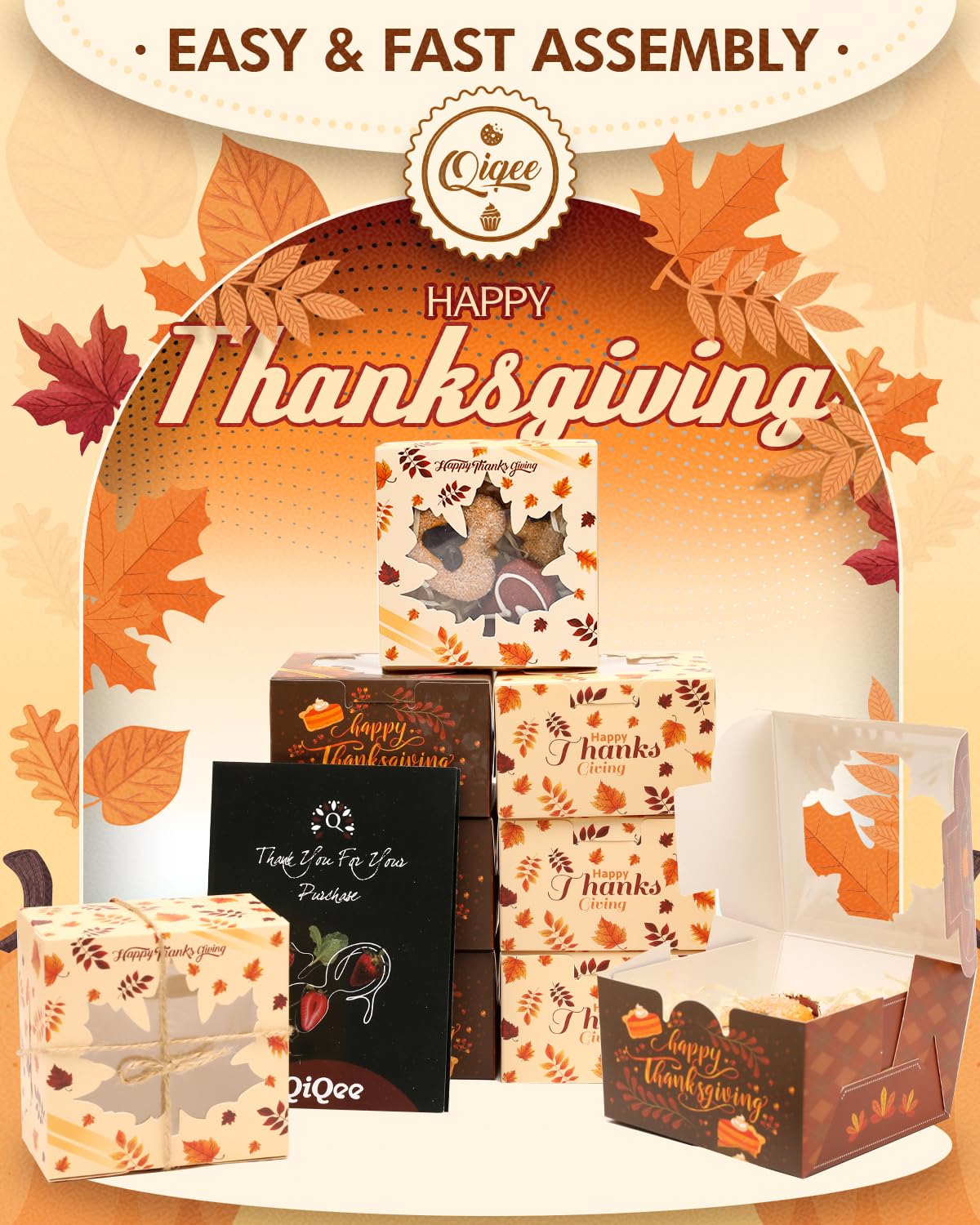 qiqee Thanksgiving Bakery Boxes with Window 100pcs 4x4x2.5 Mini Cookie Boxes Macaron Boxes Small Donut Pastry Boxes for Thanksgi