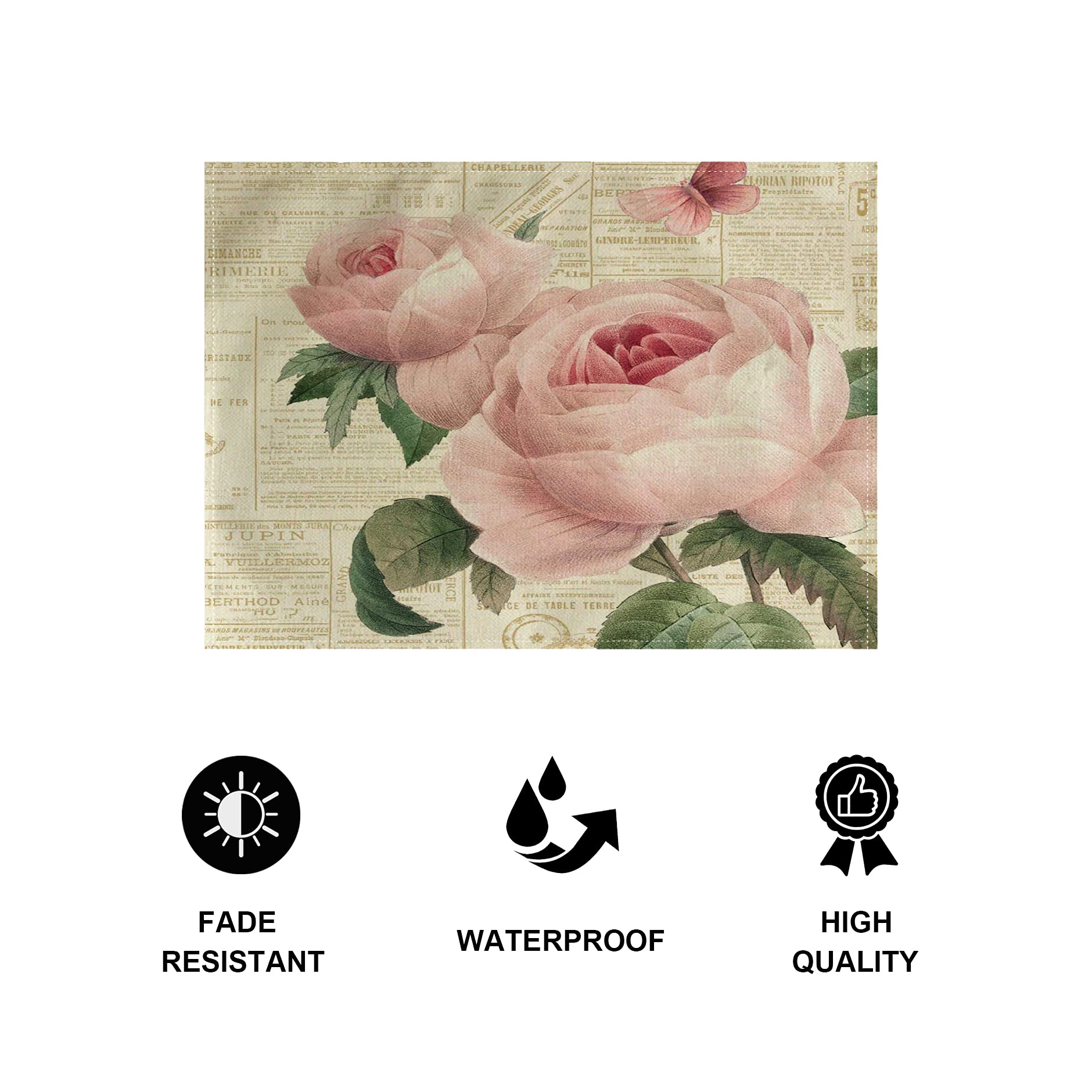 Rose Flower Table Mats Set Of 4 Vintage Shabby Chic Peach Pink Rose Floral Placemats Waterproof Heat Resistant Washable Non-Slip