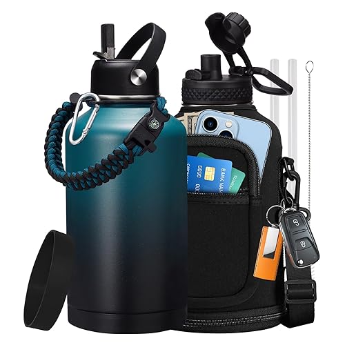 Insulated Water Bottle with Straw - 64oz Stainless Steel Water Bottles with Paracord Handle  1/2 Gallon Big Water Jug Vacuum Insulated Waterbottle Metal Flask Reusable Double Wall Sport Bottle