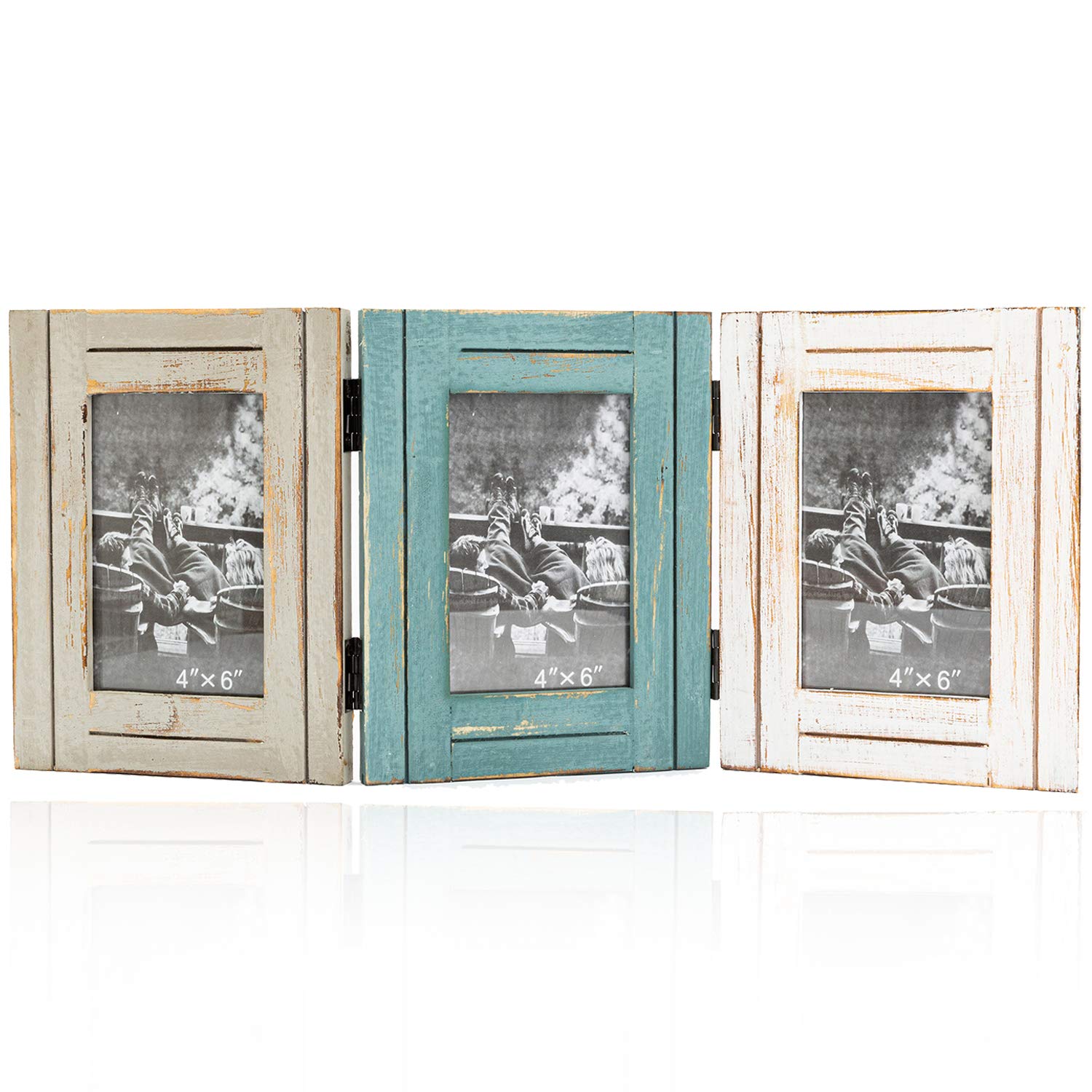 RiteSune Rustic 3 Picture Frame 4X6 Triple Hinged Distressed Photo Frame for Tabletop Display, Picture College Frame Present for