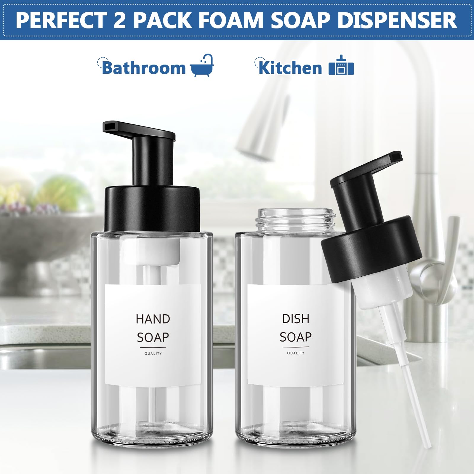 Rytoxilo Foaming Soap Dispenser, 12 Oz Foaming Hand Soap Dispenser, 2 Pack Glass Foaming Soap Dispenser For Bathroom & Kitchen,