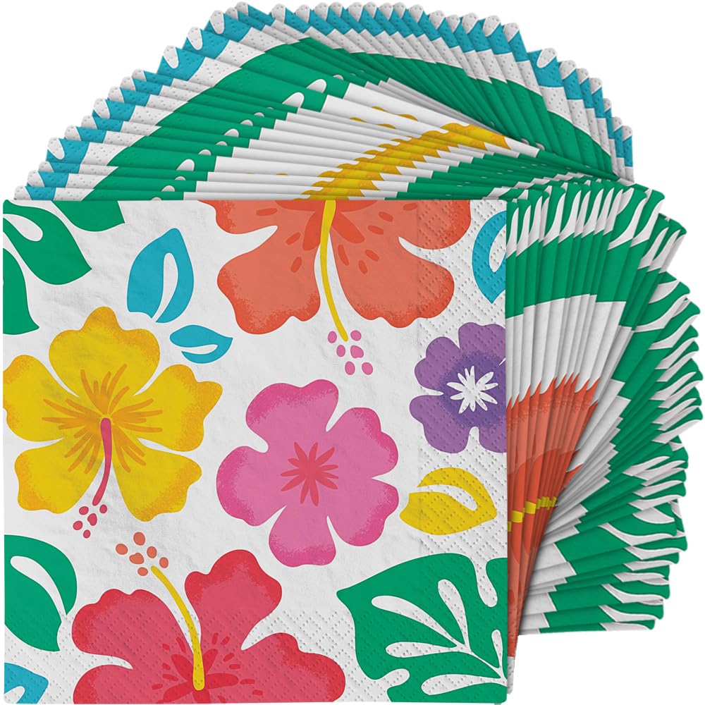 Multicolor Hibiscus Paper Beverage Napkins (Pack Of 100) - 5'' X 5'' - Ideal For Luau, Hawaiian-Themed Celebrations, And Summer
