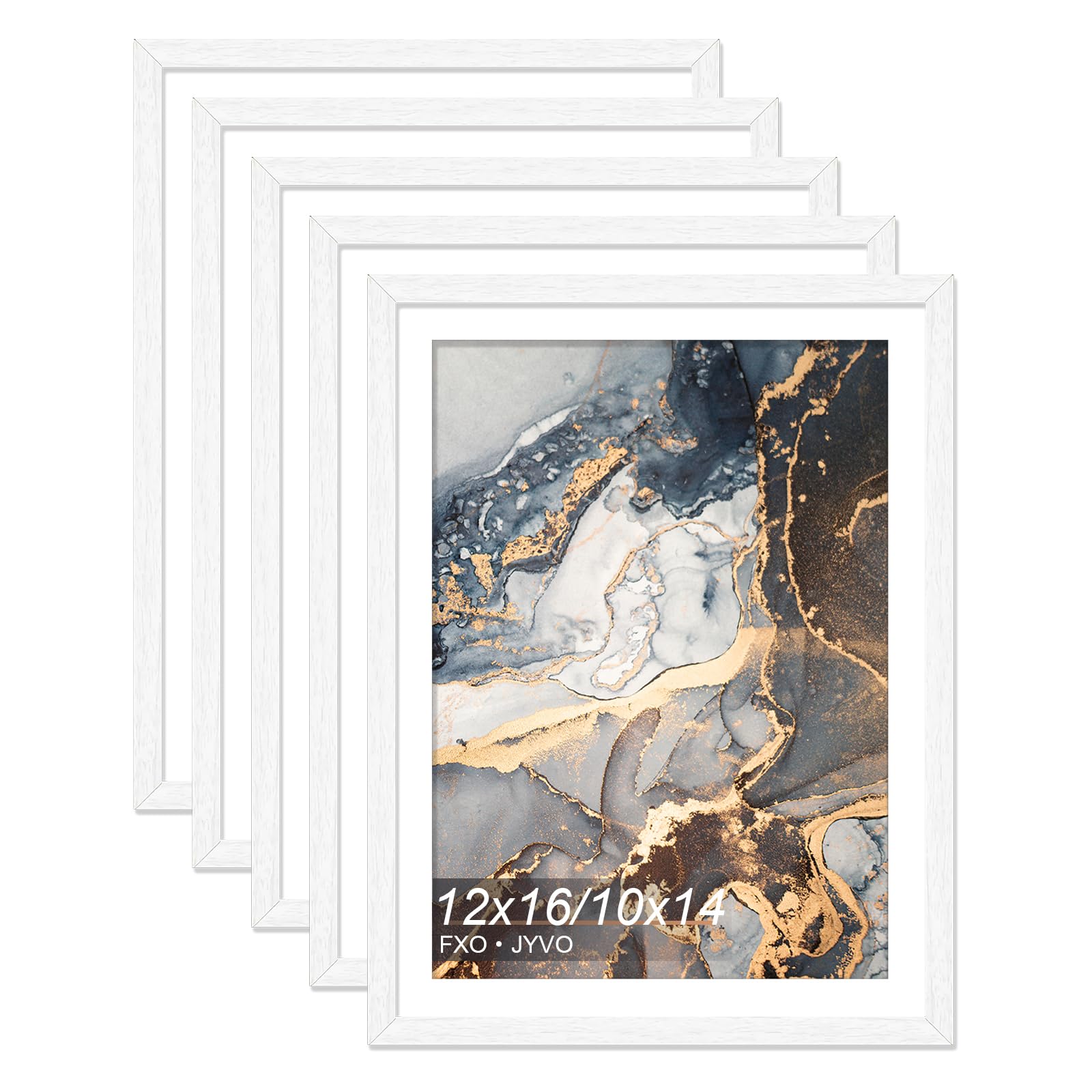 Fxojyvo Engineered Wood White 12x16 Frame Set of 5, Display Picture 10x14 with Mat or 12 x 16 Without Mat, Picture Frame with Wo