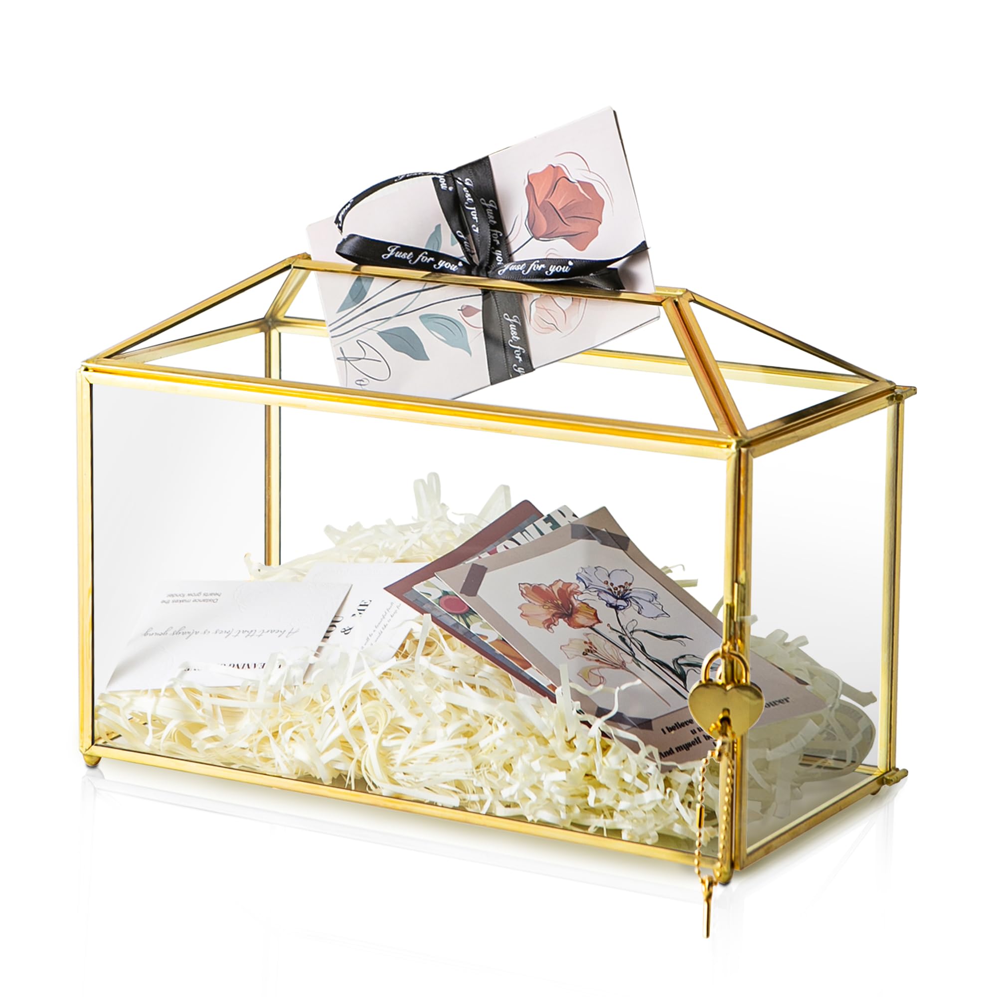 Sanllusit 12.6 x 6 x 9 Wedding Card Box with Slot and Lock, Glass Card Holder for Party Reception, Centerpiece, Home Decorative,