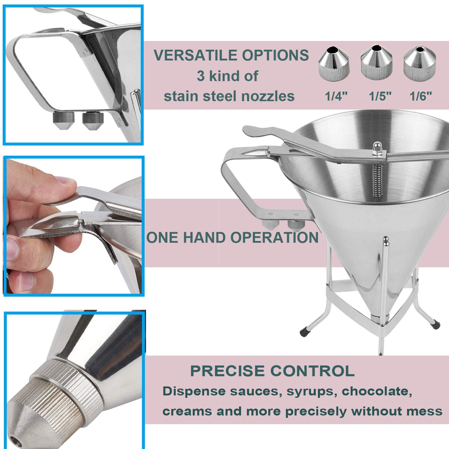 Stainless Steel Confectionery Funnels With Stand And 3 Nozzles, Commercial Grade Cake Decorating Tool Bakery Use, Precise Dispen