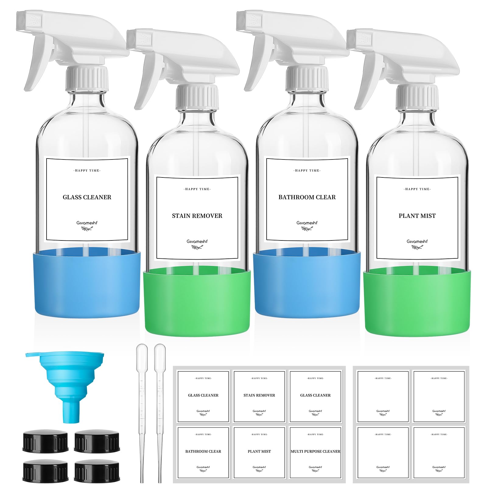 Givameihf 4 Pack Glass Spray Bottles With Silicone Sleeve,16Oz Clear Glass Spray Bottles Refillable Empty Bottle With Adjustable