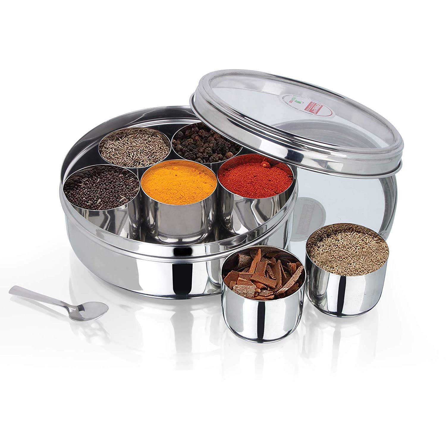 Aashita Shoppe Stainless Steel Belly Shape Kitchen Spice Box/Masala Dabba 7 Containers + 1 Masala Spoon