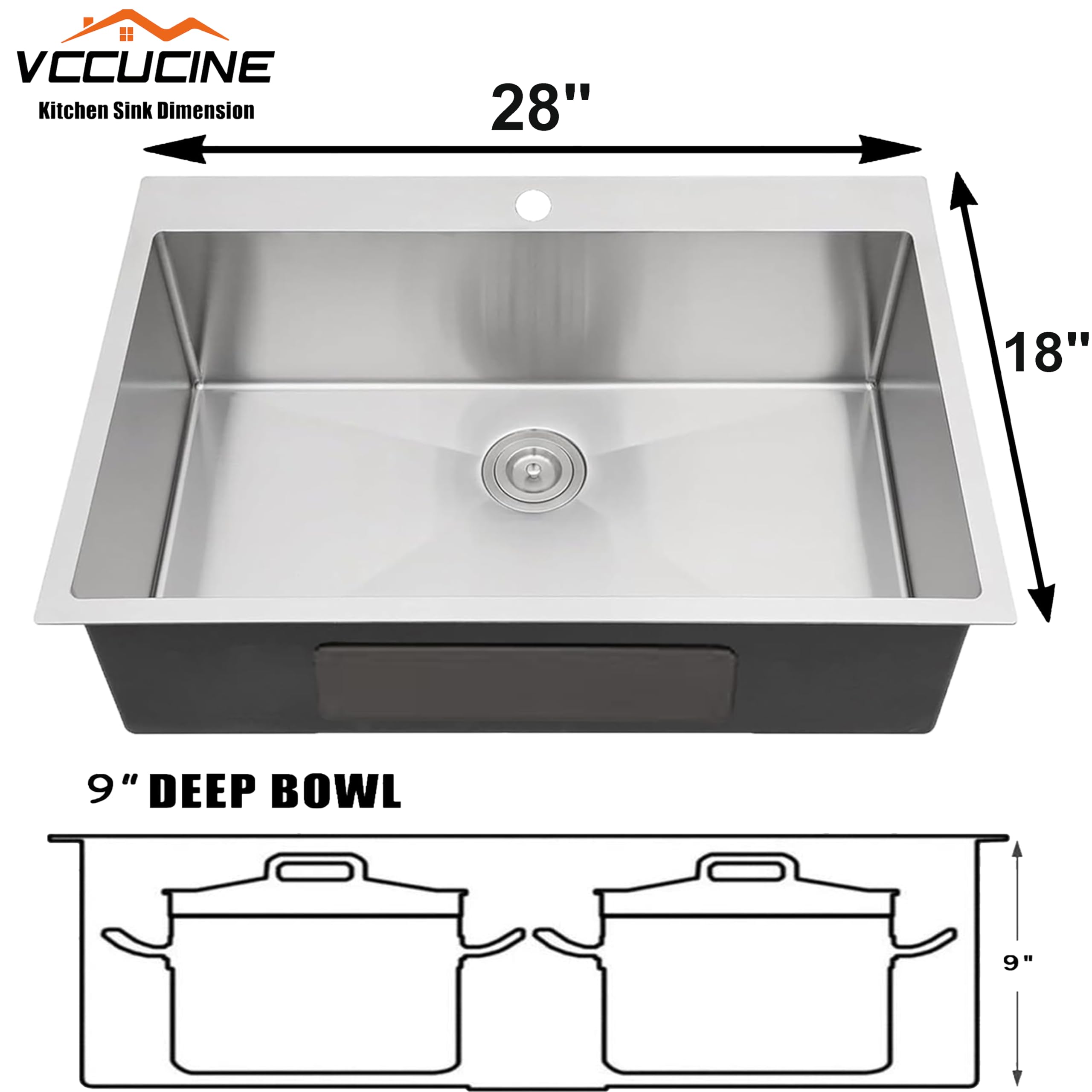 Vccucine 28X18 Inch Drop In Kitchen Sink 16 Gauge Top Mount Handmade T304 Brushed Nickel Kitchen Sink,Stainless Steel Single Bow