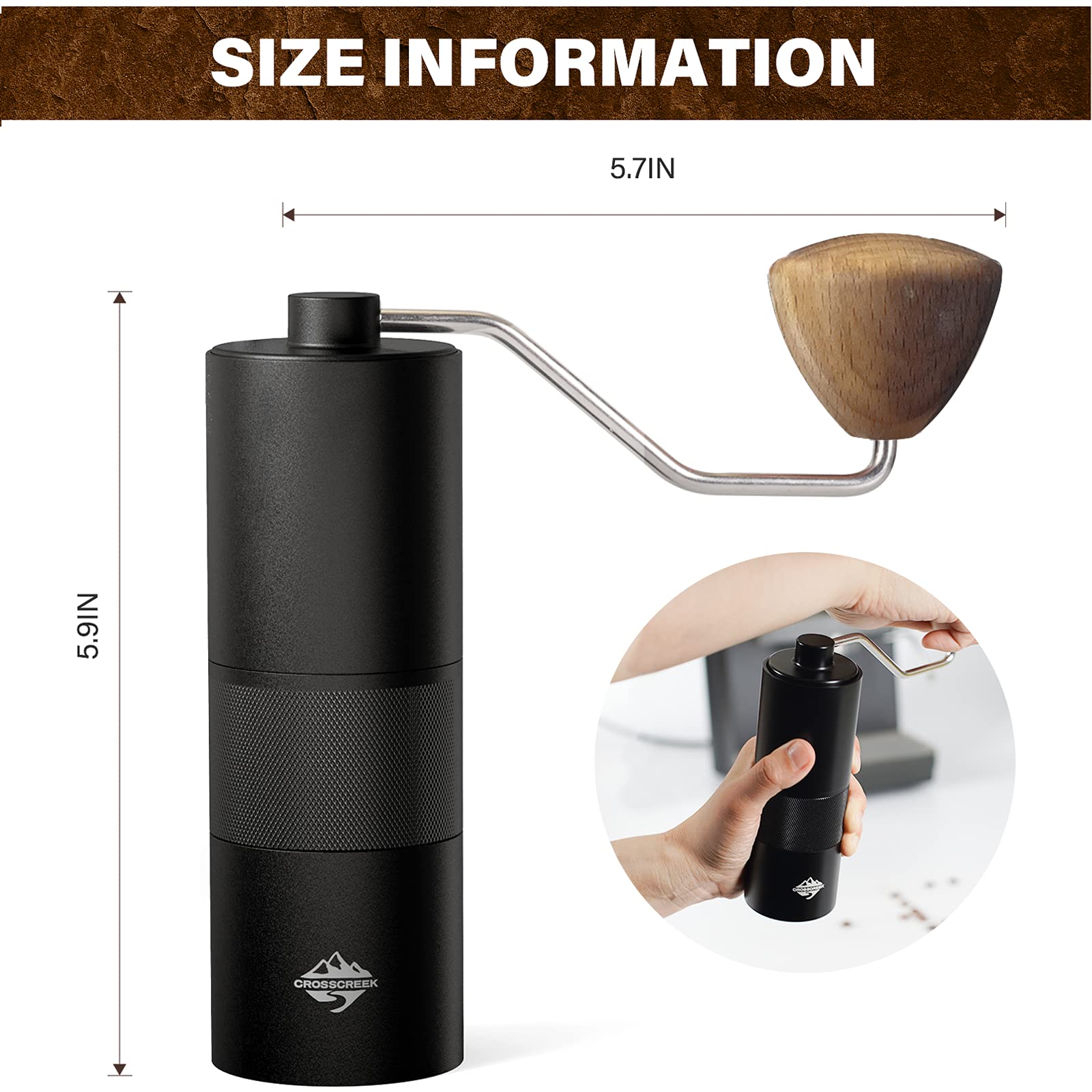 Manual Coffee Grinder, Black Portable Hand Coffee Grinder With 36 Adjustable Settings By Crosscreek, Cnc Stainless Steel Burr Mi