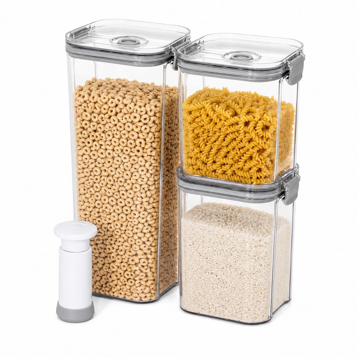 alaboom 3Piece Vacuum Seal Food Storage Containers with Pump, Airtight Clear Plastic Canister Set, Stackable Pantry Organizer (