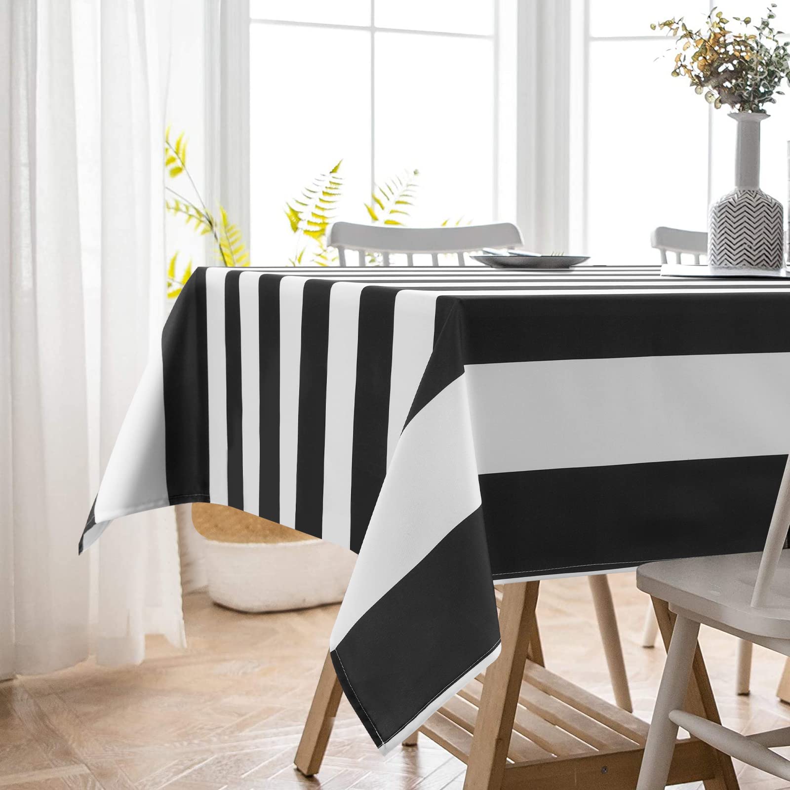 Aspmiz Black And White Striped Tablecloth For Rectangle Tables, Geometric Stripe Waterproof Table Cloth For Kitchen Dining Room,